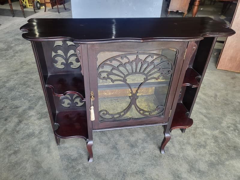 Antique Serpentine Glazed Chiffonier Sideboard Cabinet Velvet Shelves
