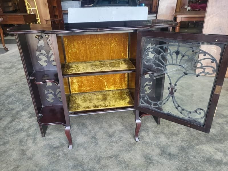 Antique Serpentine Glazed Chiffonier Sideboard Cabinet Velvet Shelves photo for sale