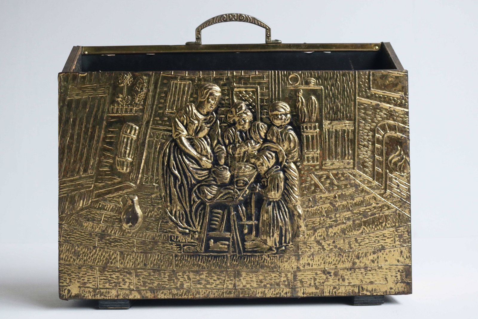 Vintage Brass Record Rack Magazine Rack Embossed Relief Repousse Scene Covered Wood Box Fireplace Two Section Book Holder England 1960s