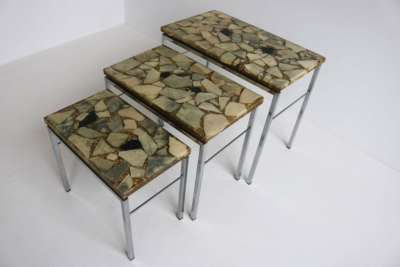 Vintage Design Onyx And Epoxy Nesting Tables Mimiset Chromed Base 60s Mimi Set Three Side Tables Sixties Stone Tables Mid Century End Tables photo furniture