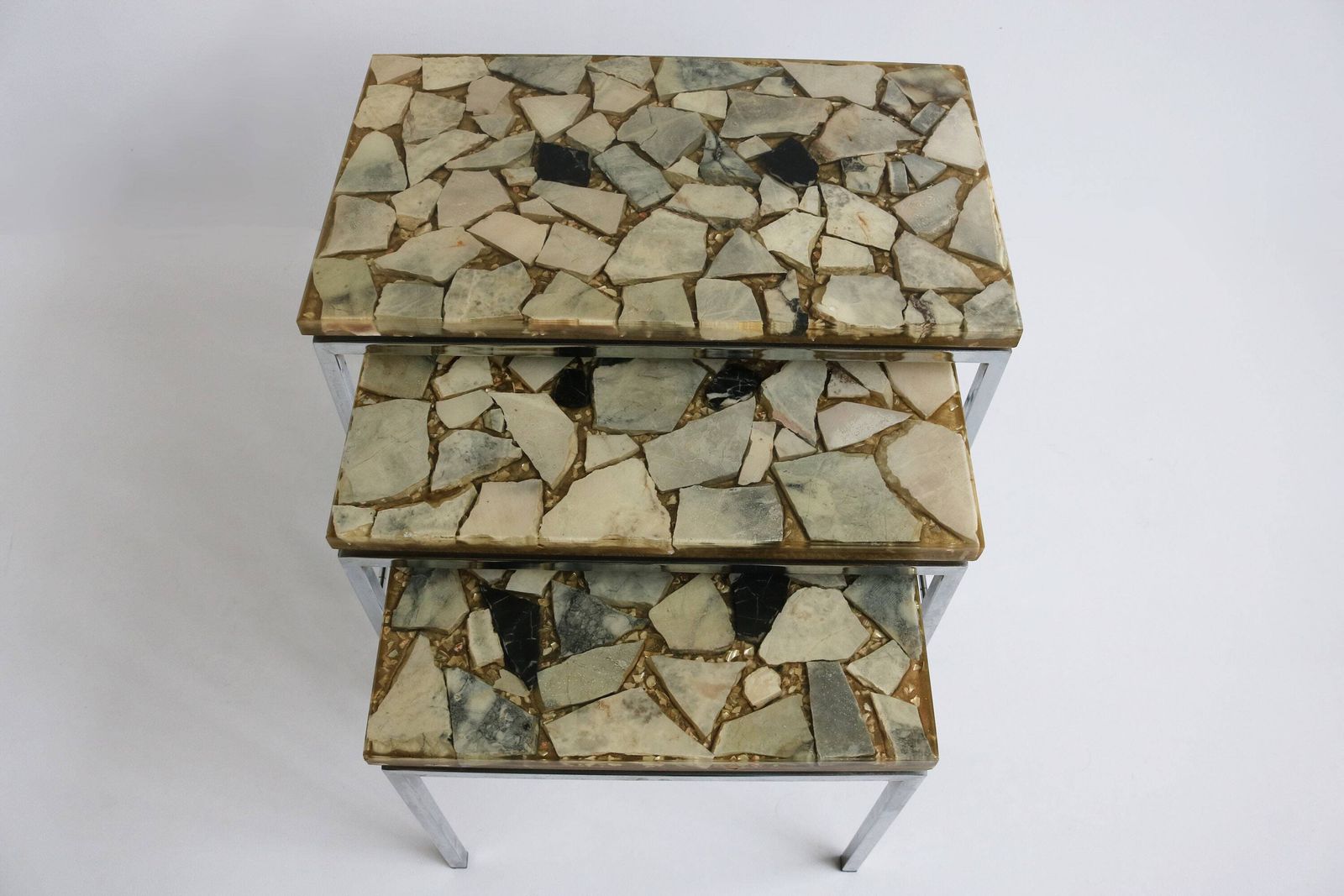 Vintage Design Onyx And Epoxy Nesting Tables Mimiset Chromed Base 60s Mimi Set Three Side Tables Sixties Stone Tables Mid Century End Tables photo for sale