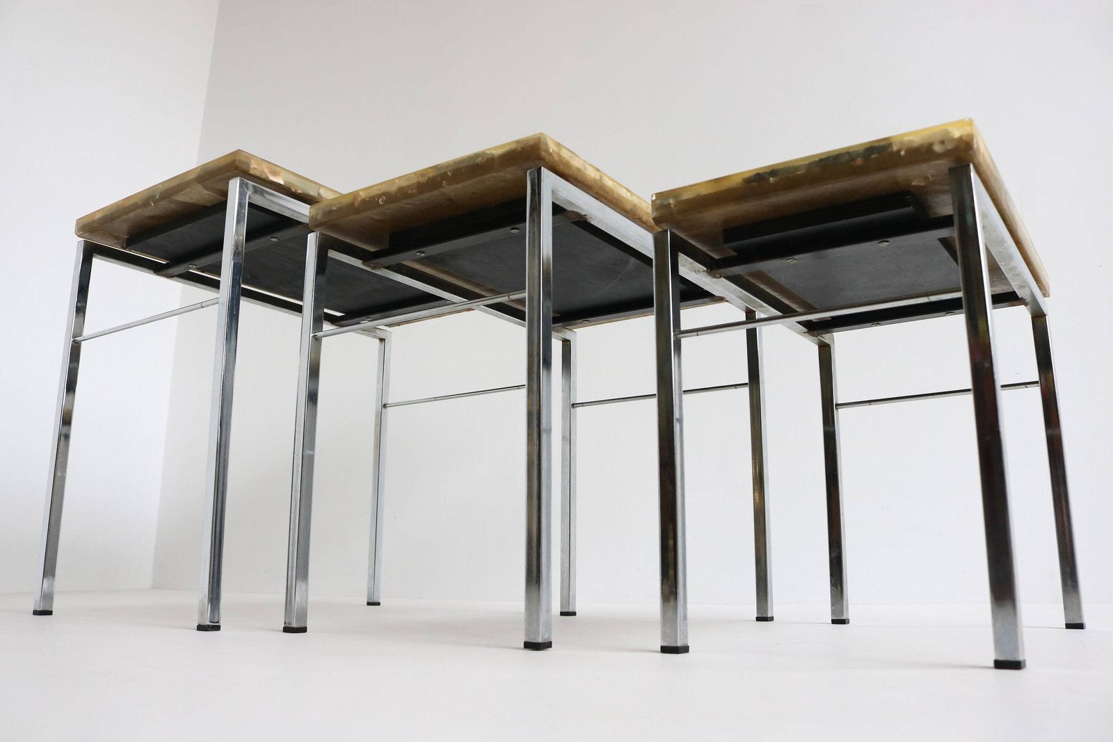 Vintage Design Onyx And Epoxy Nesting Tables Mimiset Chromed Base 60s Mimi Set Three Side Tables Sixties Stone Tables Mid Century End Tables photo vinterior