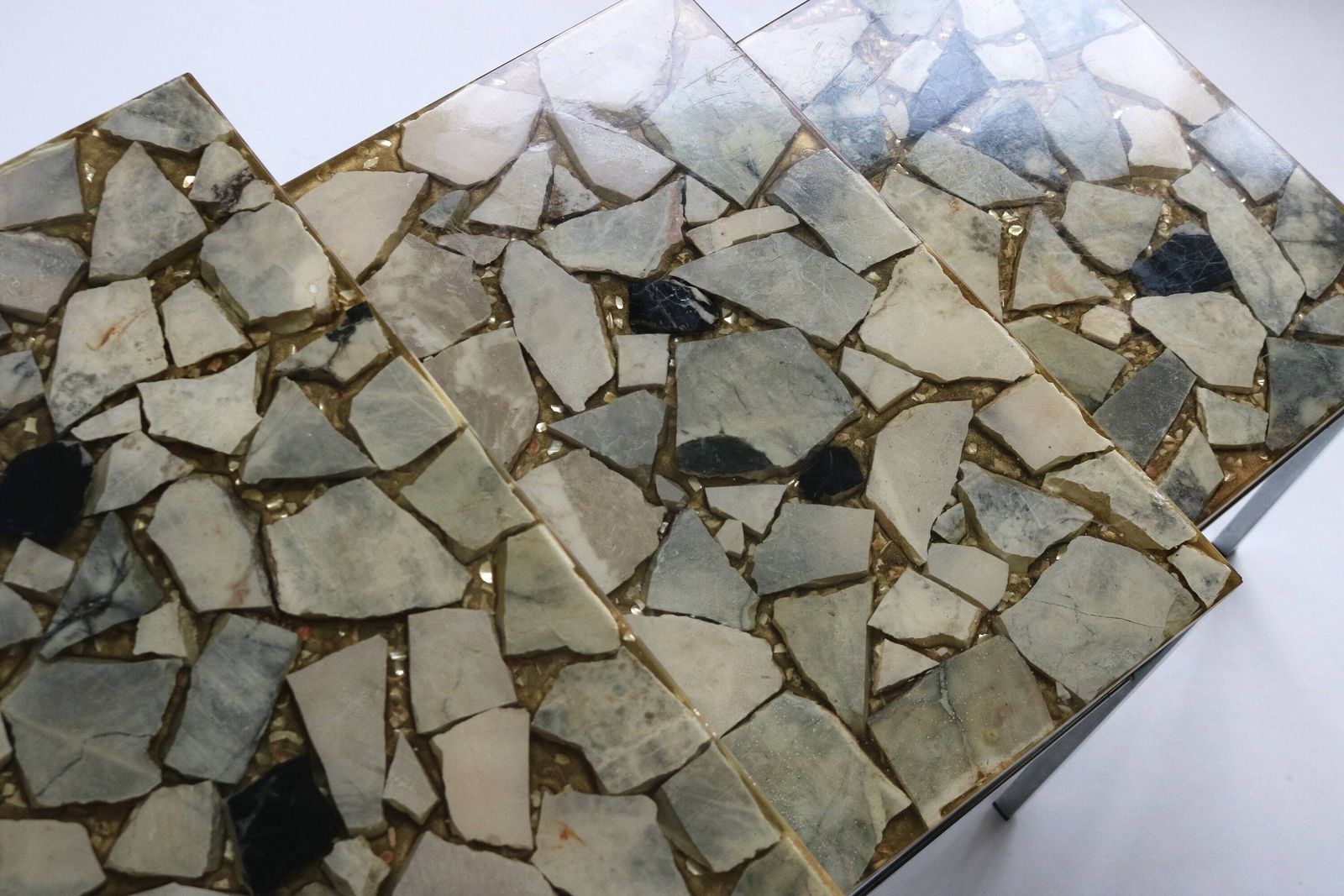 photo for sale Vintage Design Onyx And Epoxy Nesting Tables Mimiset Chromed Base 60s Mimi Set Three Side Tables Sixties Stone Tables Mid Century End Tables