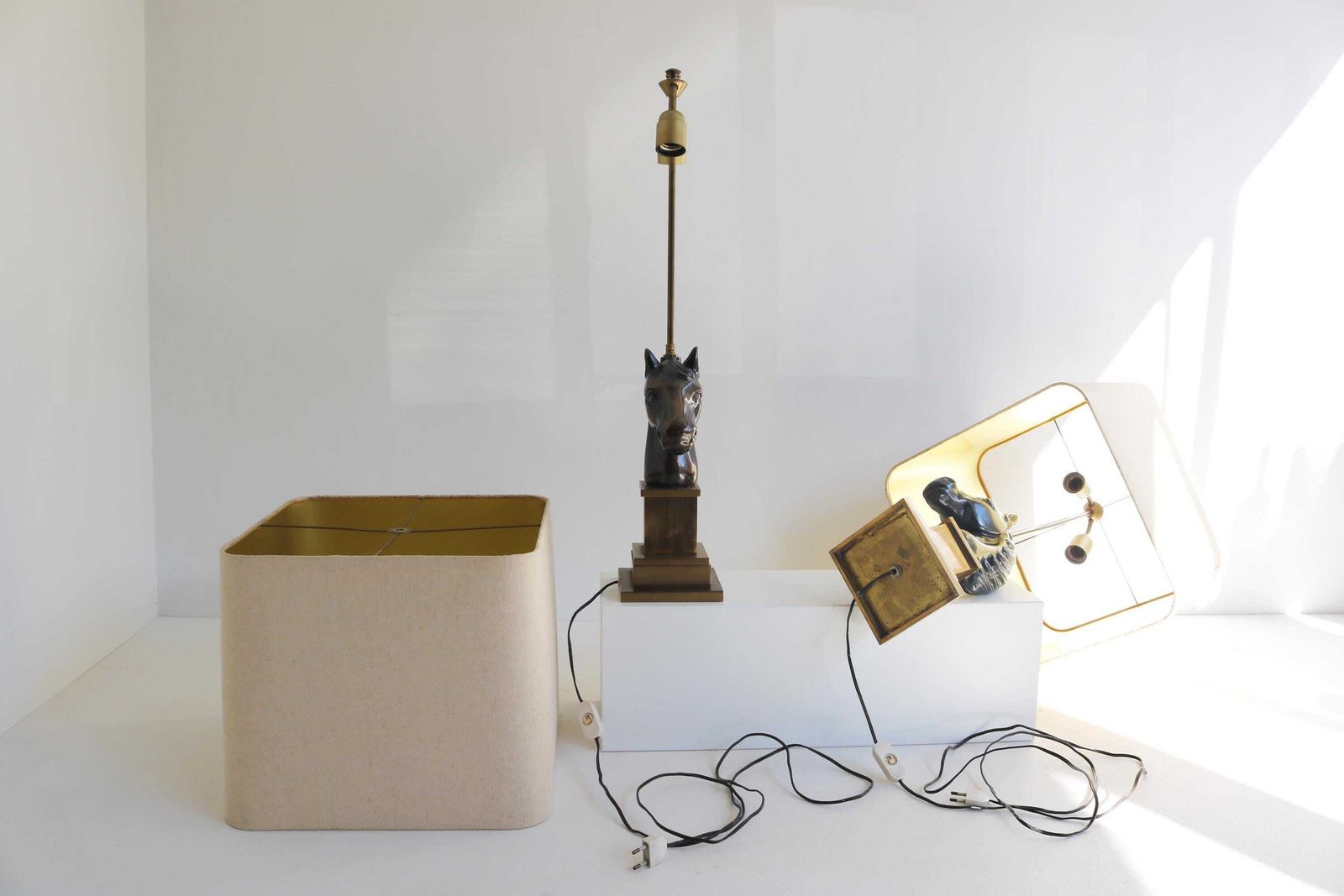 photo for sale Two Hollywood Regency Horse Head Lamps Mid  Century Couple Brass Horses Table Lamps With Shades, 1970s