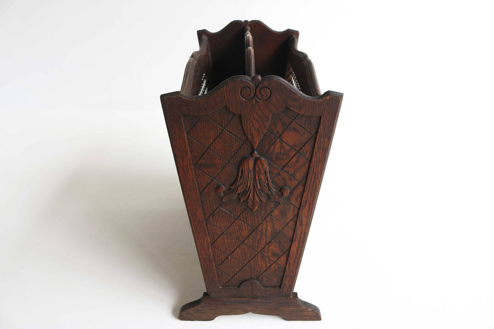 Gorgeous Wood Carved French Midcentury Antique Style Magazine Rack With Rattan Newspaper Stand Magazine Holder Reading Basket 1950s photo Home Decor
