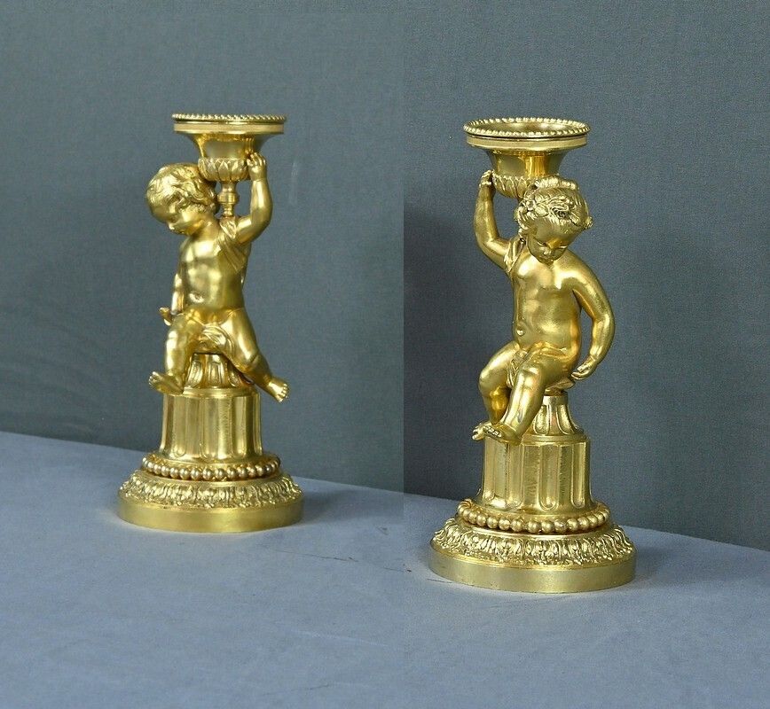 Pair Of Gilt Bronze Candlesticks, Louis XVI – Mid 19th Century photo Home Decor