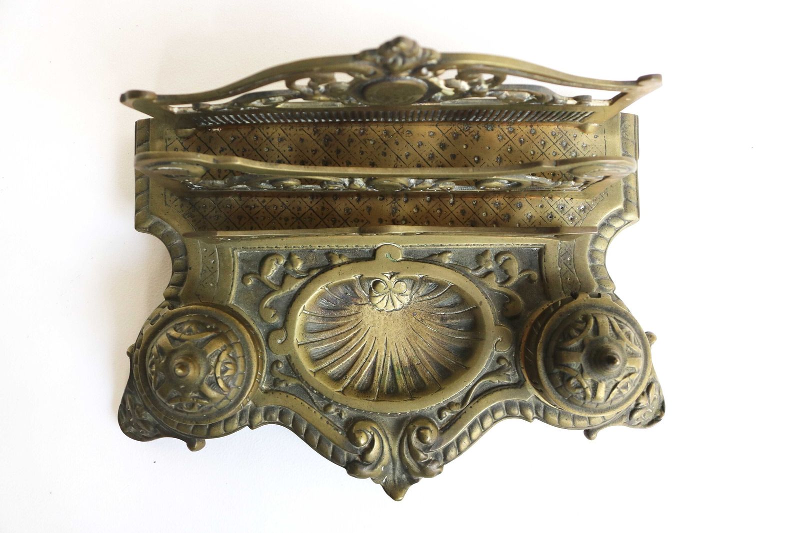 Antique Bronze Desk Stand With Double Inkwells Letter Rack And Porcelain Ink Holders, Hand Crafted France 1900s photo Home Decor