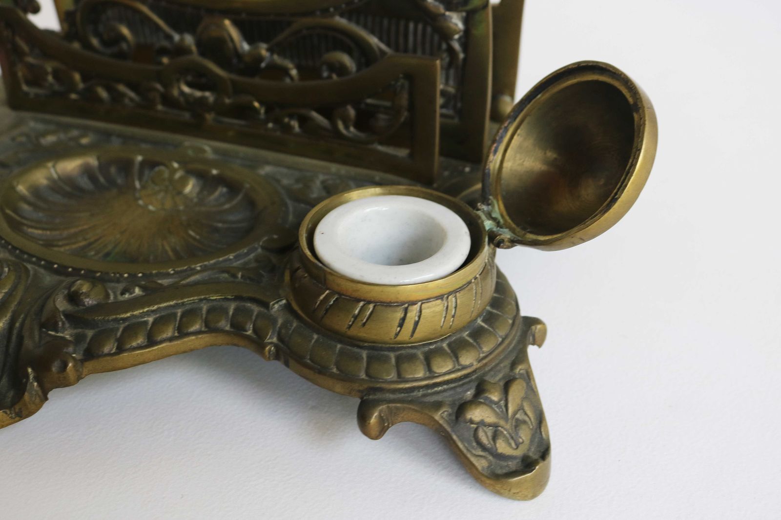 Antique Bronze Desk Stand With Double Inkwells Letter Rack And Porcelain Ink Holders, Hand Crafted France 1900s photo 535.0