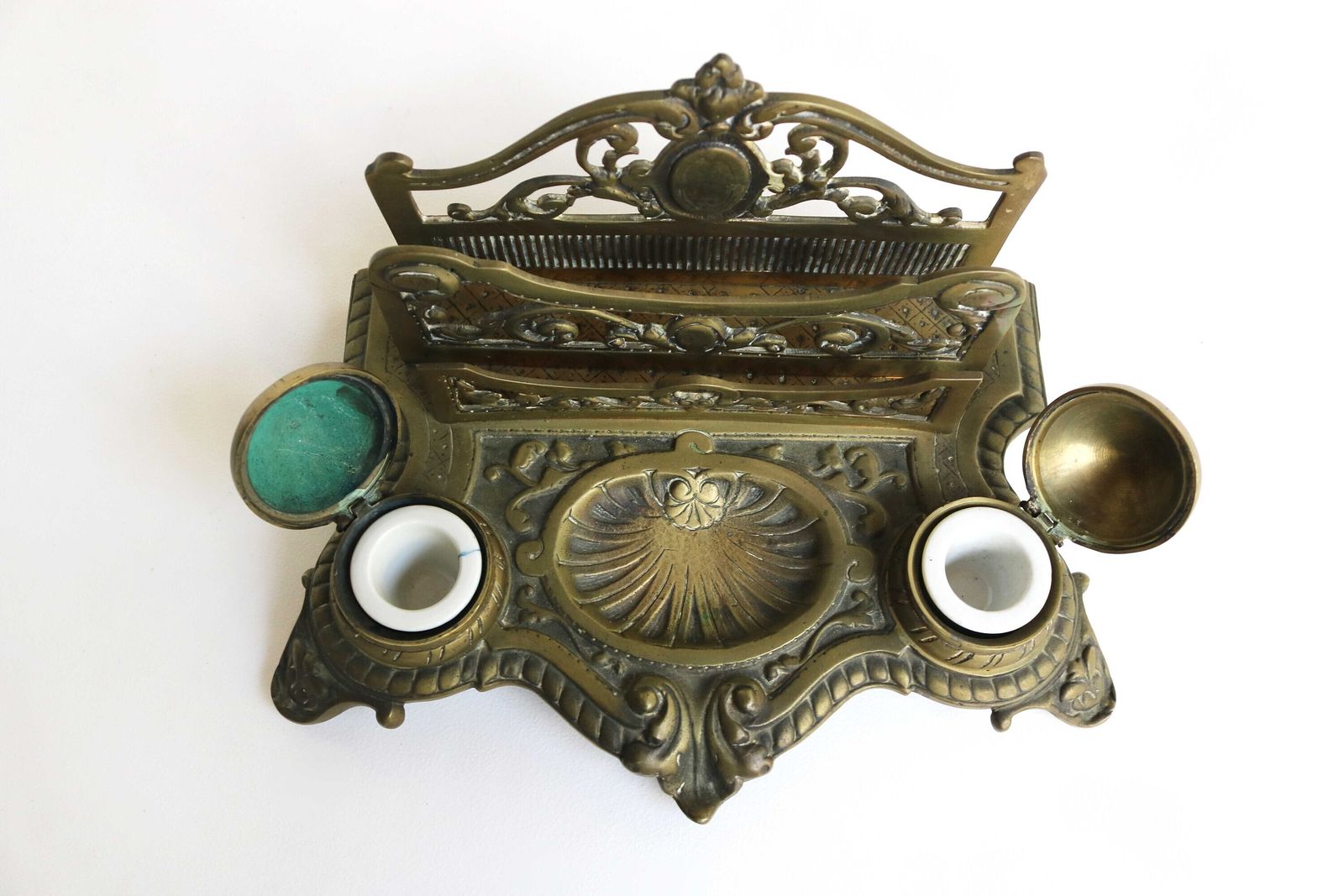 Antique Bronze Desk Stand With Double Inkwells Letter Rack And Porcelain Ink Holders, Hand Crafted France 1900s photo vinterior