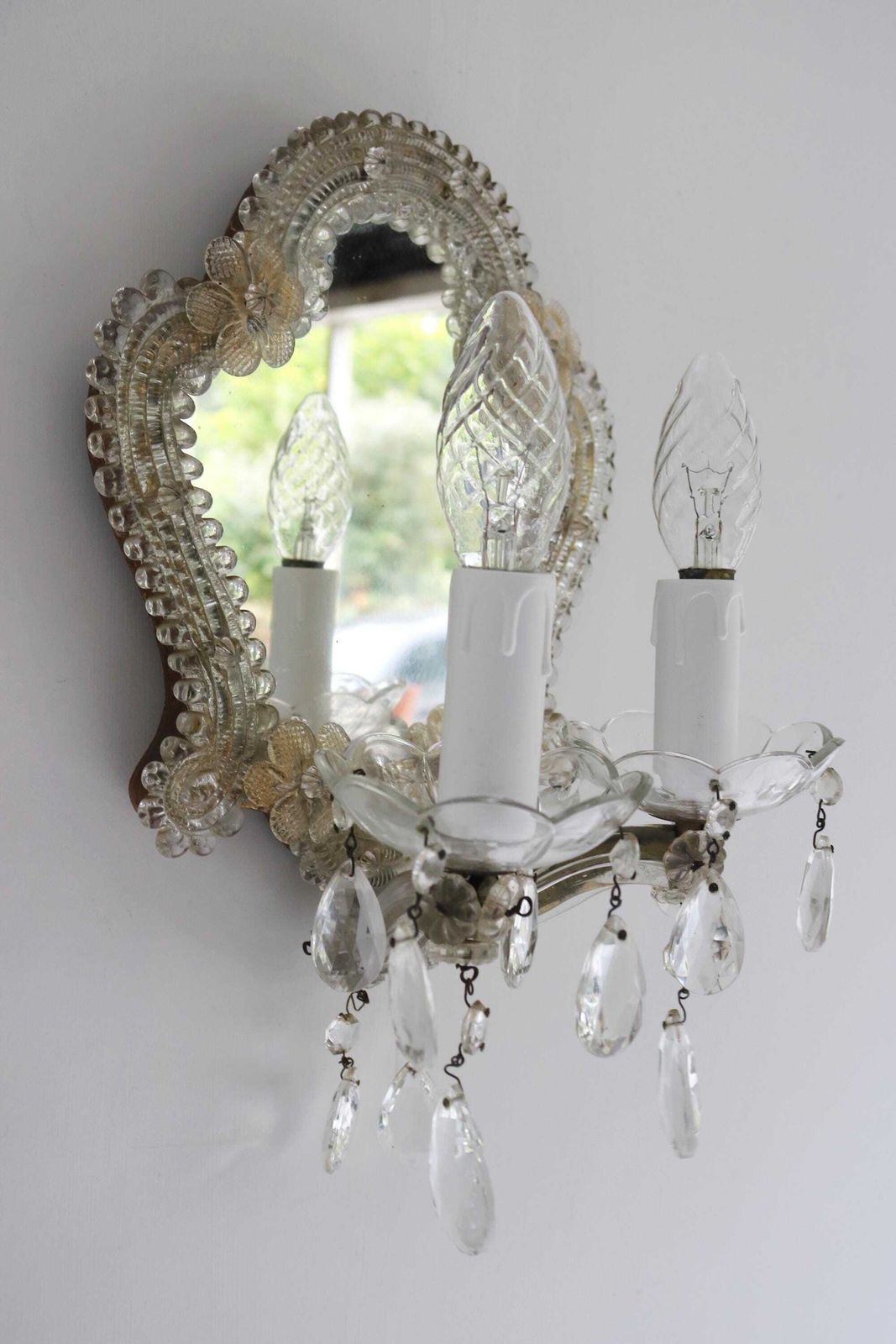 Murano Glass Venetian Style Wall Lamp With Mirror Two Arm Glass Sconce, Vintage Italian Floral Wall Light 1950s photo buy