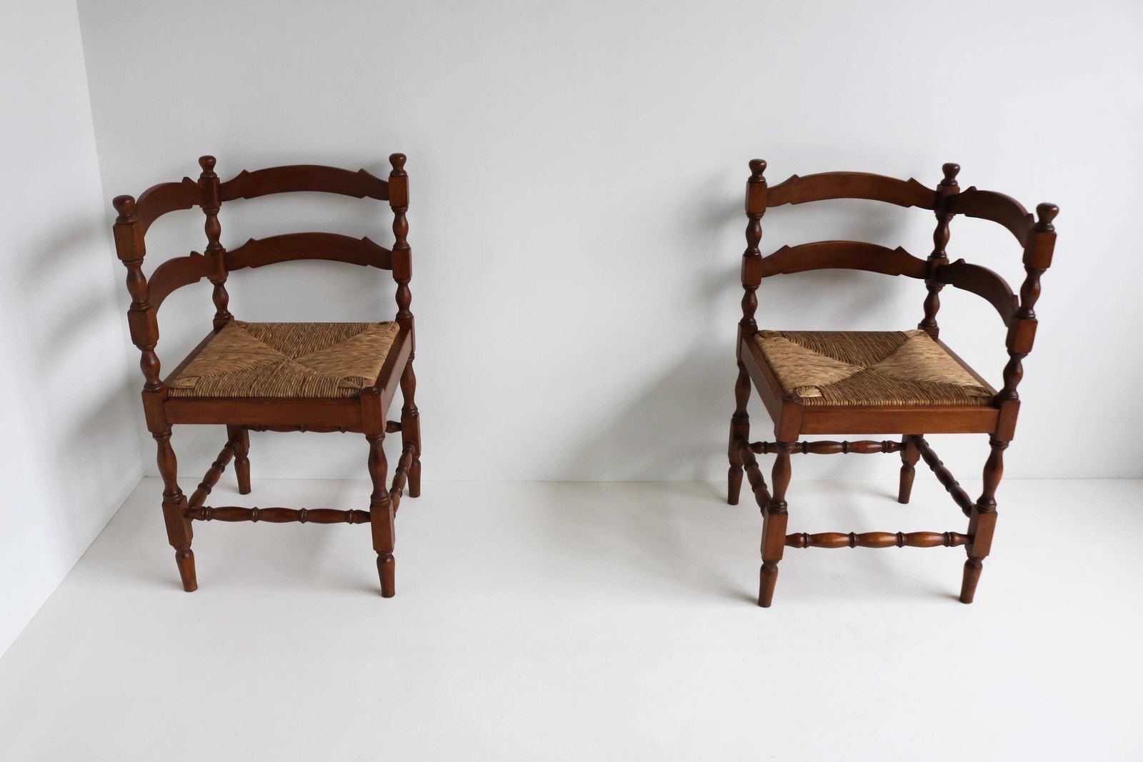 Pair Of Antique Dutch Corner Chairs – Rustic Oak & Woven Rush Seat – 1930s Farmhouse Fireside Chairs photo for sale
