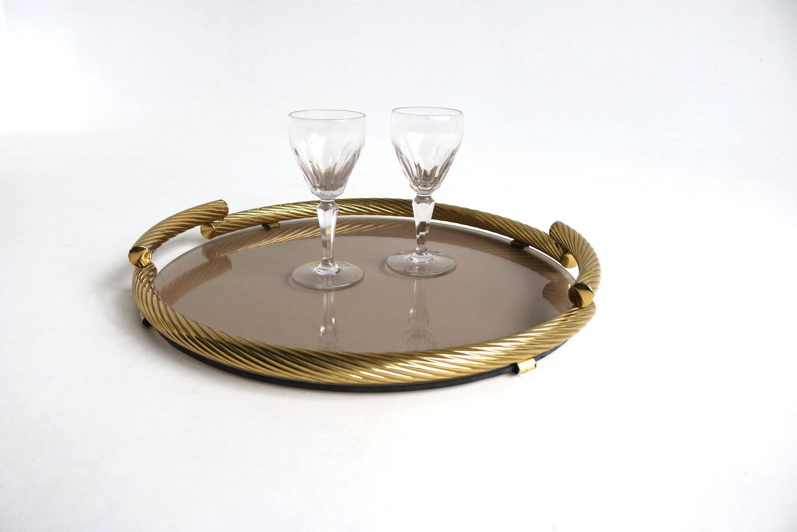 Dimart Milano 24 Karat Gold Plated Brass Italian Round Tray With Smoked Glass 1980s