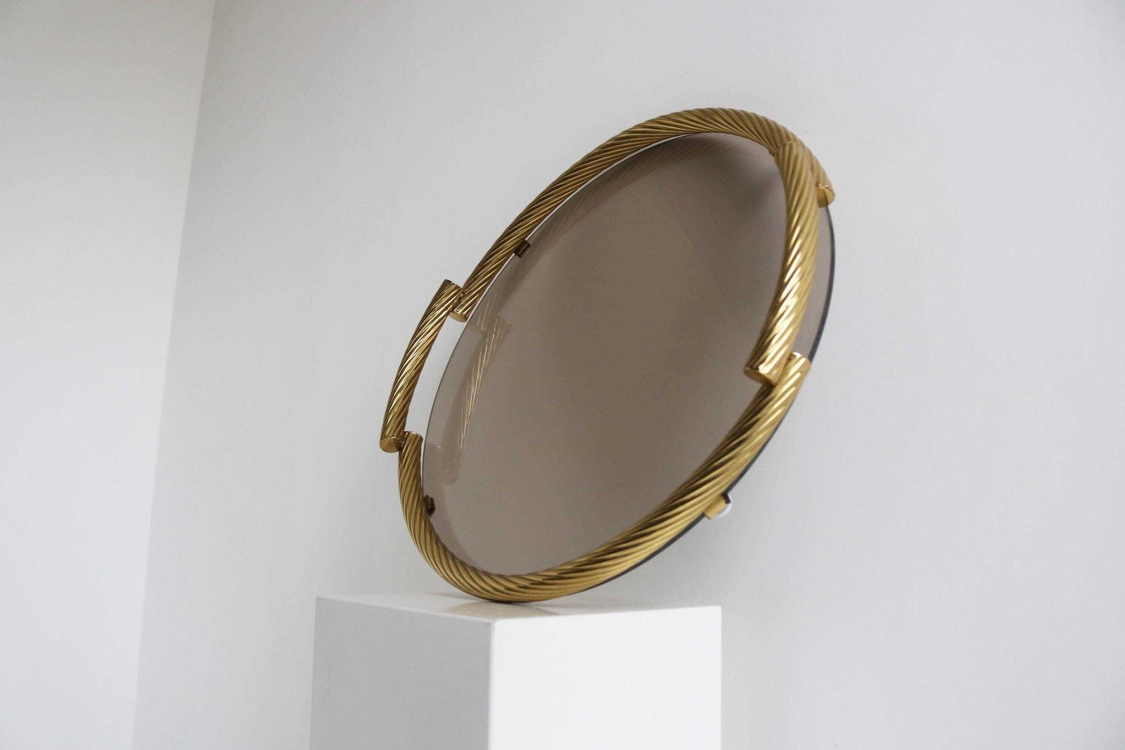 Dimart Milano 24 Karat Gold Plated Brass Italian Round Tray With Smoked Glass 1980s photo for sale