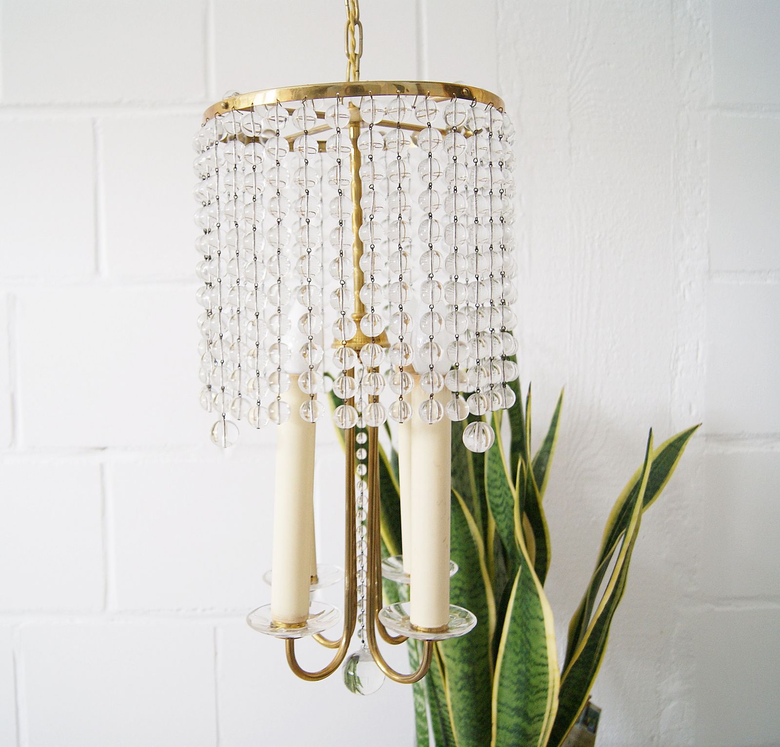 Chandelier Antique Four Flames With Glass Beads, Brass, Boho Lamp photo buy