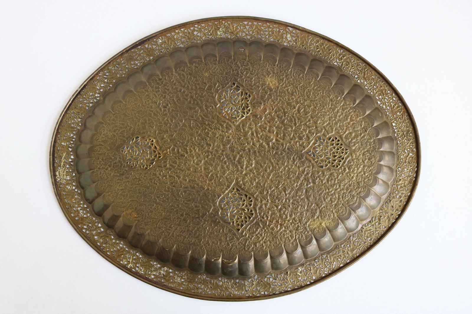 Mid Century Modern Oval Brass Tea Tray Table Moroccan Coffee Table With Spider Leg Base 1960s Carlo Di Carli Style Boho Chic 2 Piece Set photo vintage