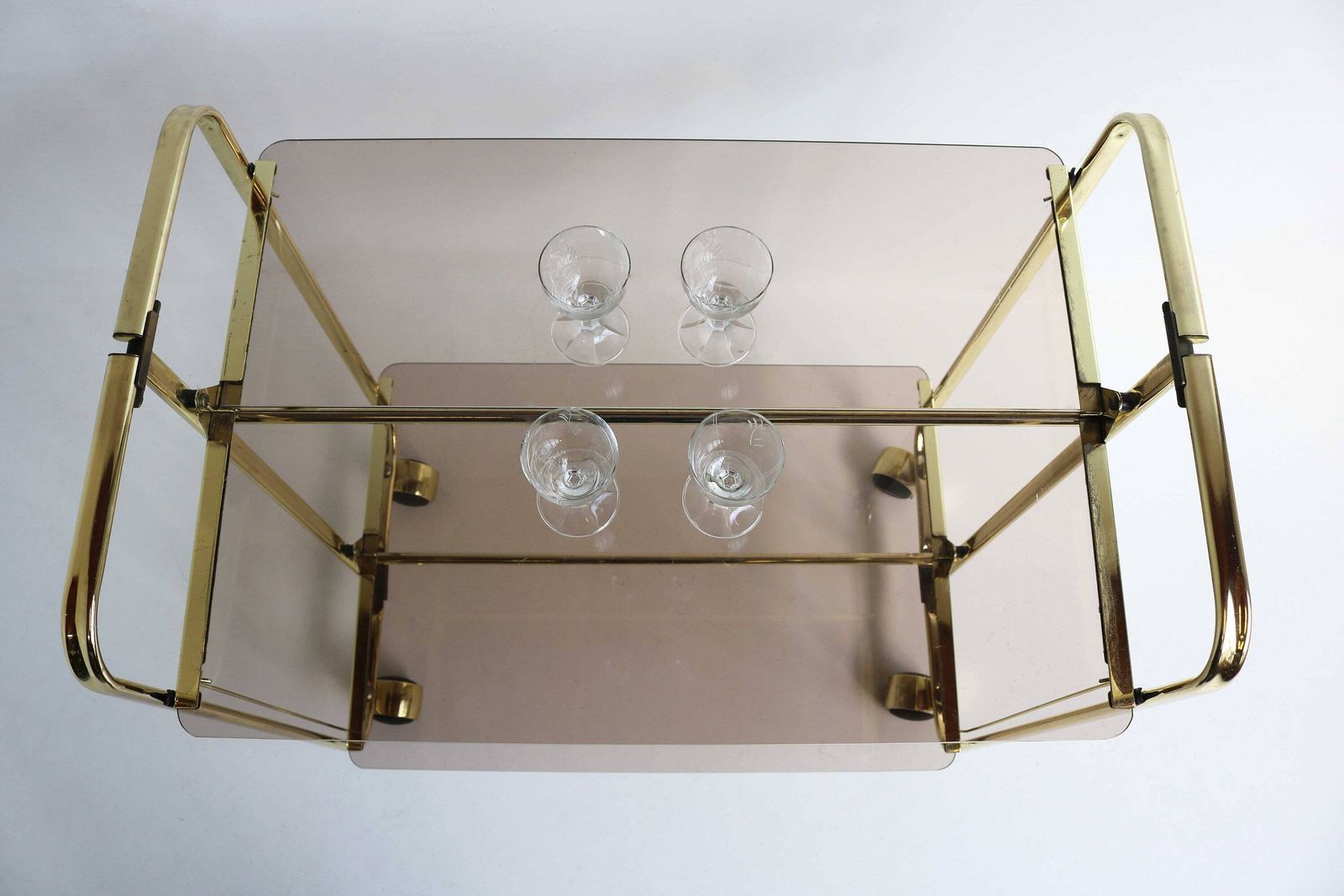 Midcentury Golden Foldable Barcart Teacart Cocktailcart Brass Entertainment Cart Hollywood Serving Cart Display Cart Smoked Glass 1970 photo 427.0