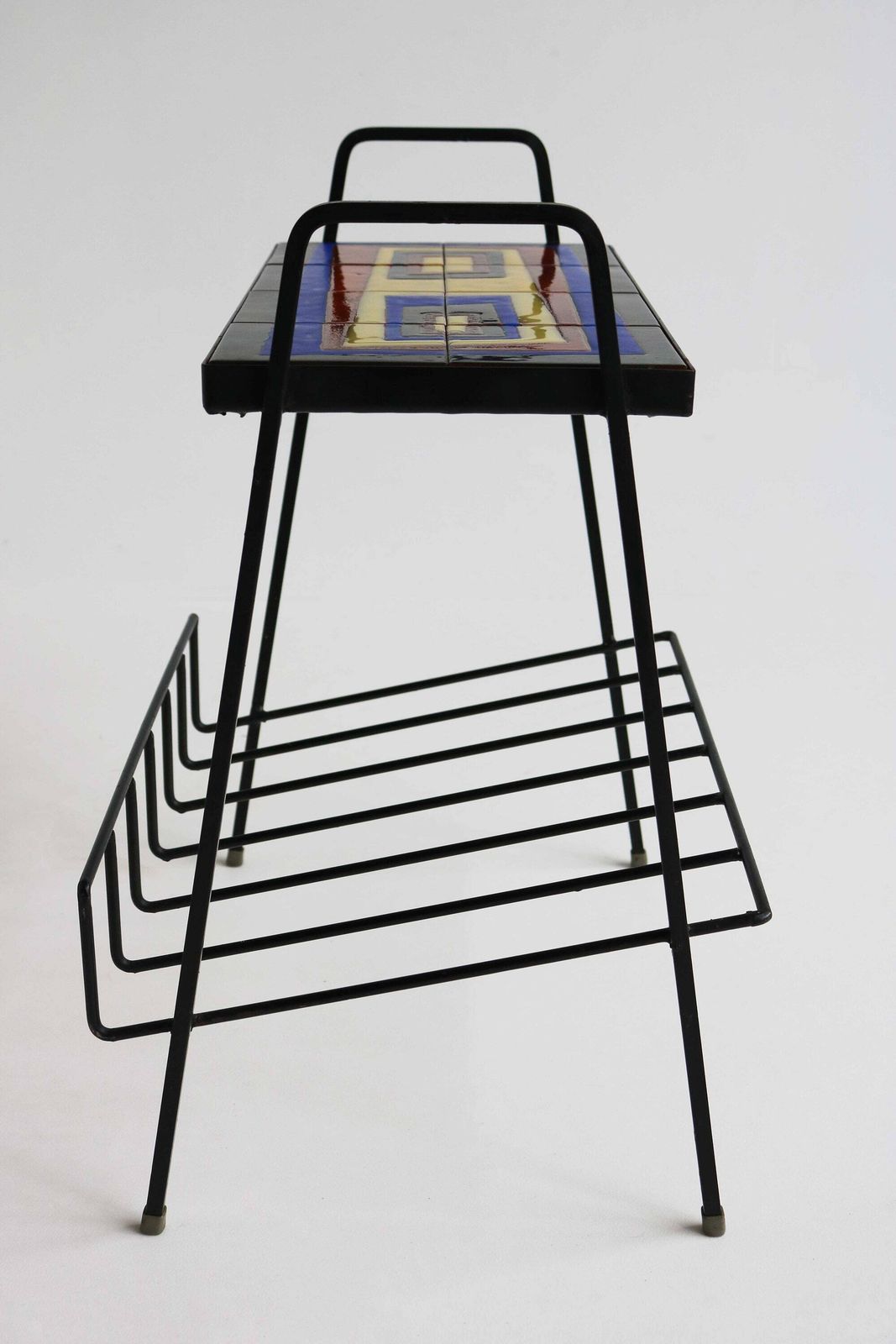 Juliette Belarti Style Vintage Handmade Tile Top Iron Magazine Rack 50s Funky Magazine Holder Retro Side Table Mid Century Newspaper Rack photo buy