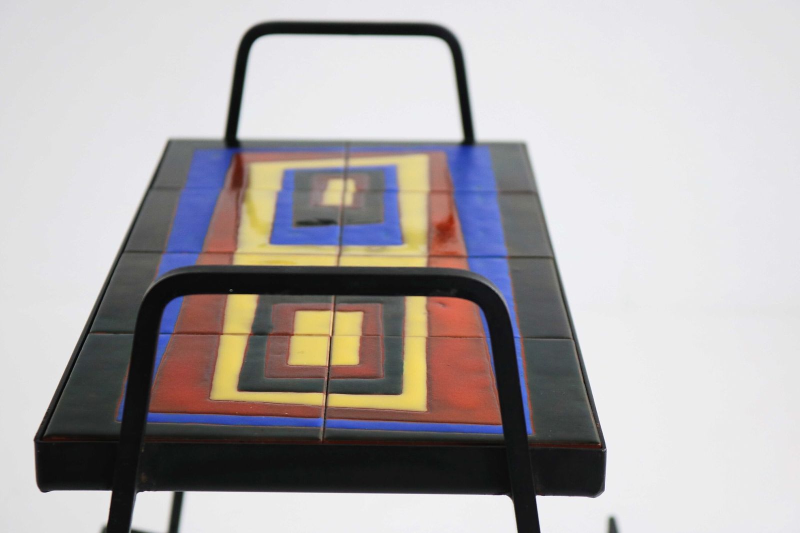 Juliette Belarti Style Vintage Handmade Tile Top Iron Magazine Rack 50s Funky Magazine Holder Retro Side Table Mid Century Newspaper Rack photo vintage