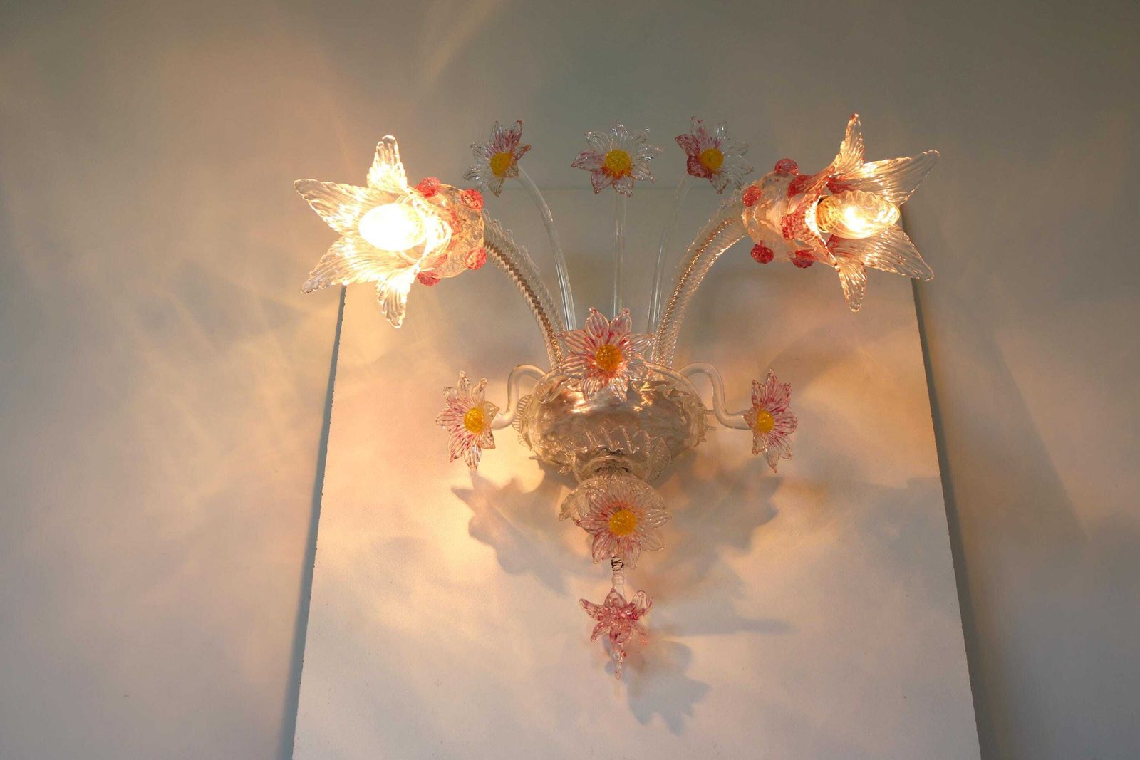 Single Murano Venetian Wall Sconce, Hand Blown Wall Light Pink ,Yellow And Clear Glass Flowers Floral Hand Made Wall Lamp 1950 Italian photo 1344.0
