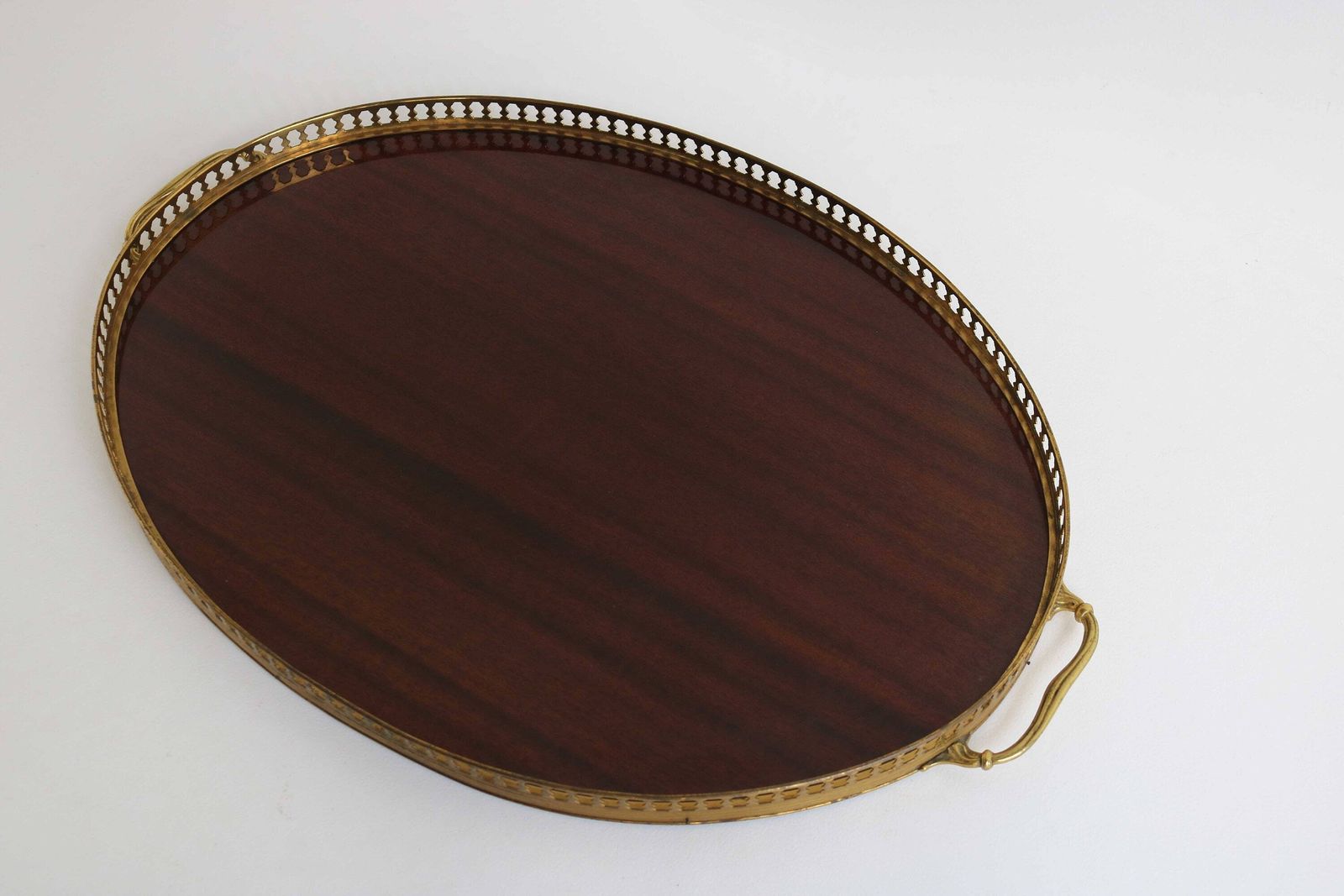 Twin Handle Brass Formica Wood Grain Oval Serving Drinks Tray / Bar Tray Italian Mid 20th Century Modern Style Afternoon Tea Regency Style photo Home Decor