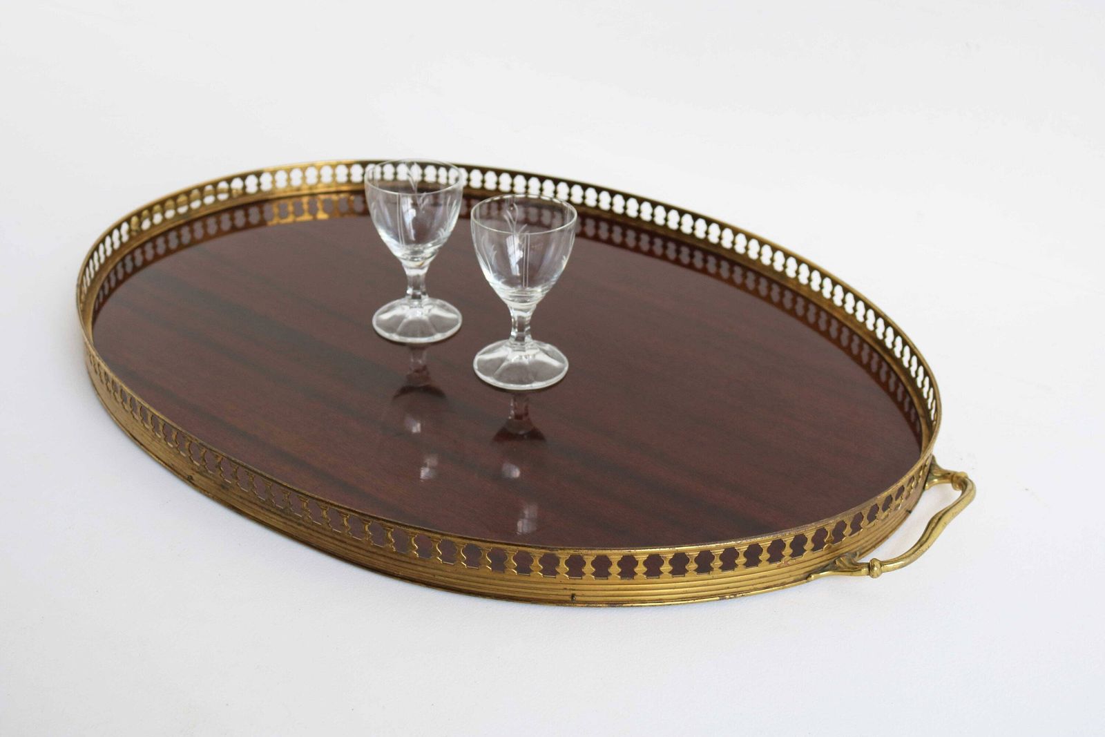 Twin Handle Brass Formica Wood Grain Oval Serving Drinks Tray / Bar Tray Italian Mid 20th Century Modern Style Afternoon Tea Regency Style photo 292.0