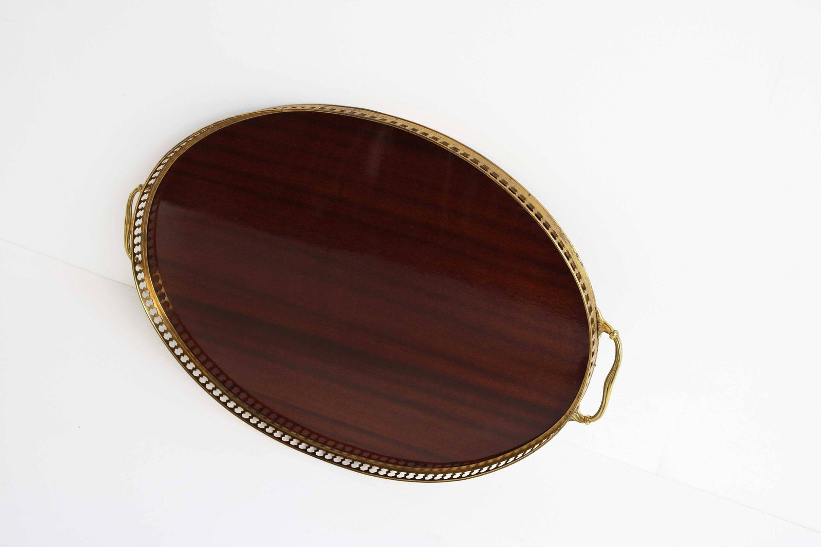 Twin Handle Brass Formica Wood Grain Oval Serving Drinks Tray / Bar Tray Italian Mid 20th Century Modern Style Afternoon Tea Regency Style photo vinterior