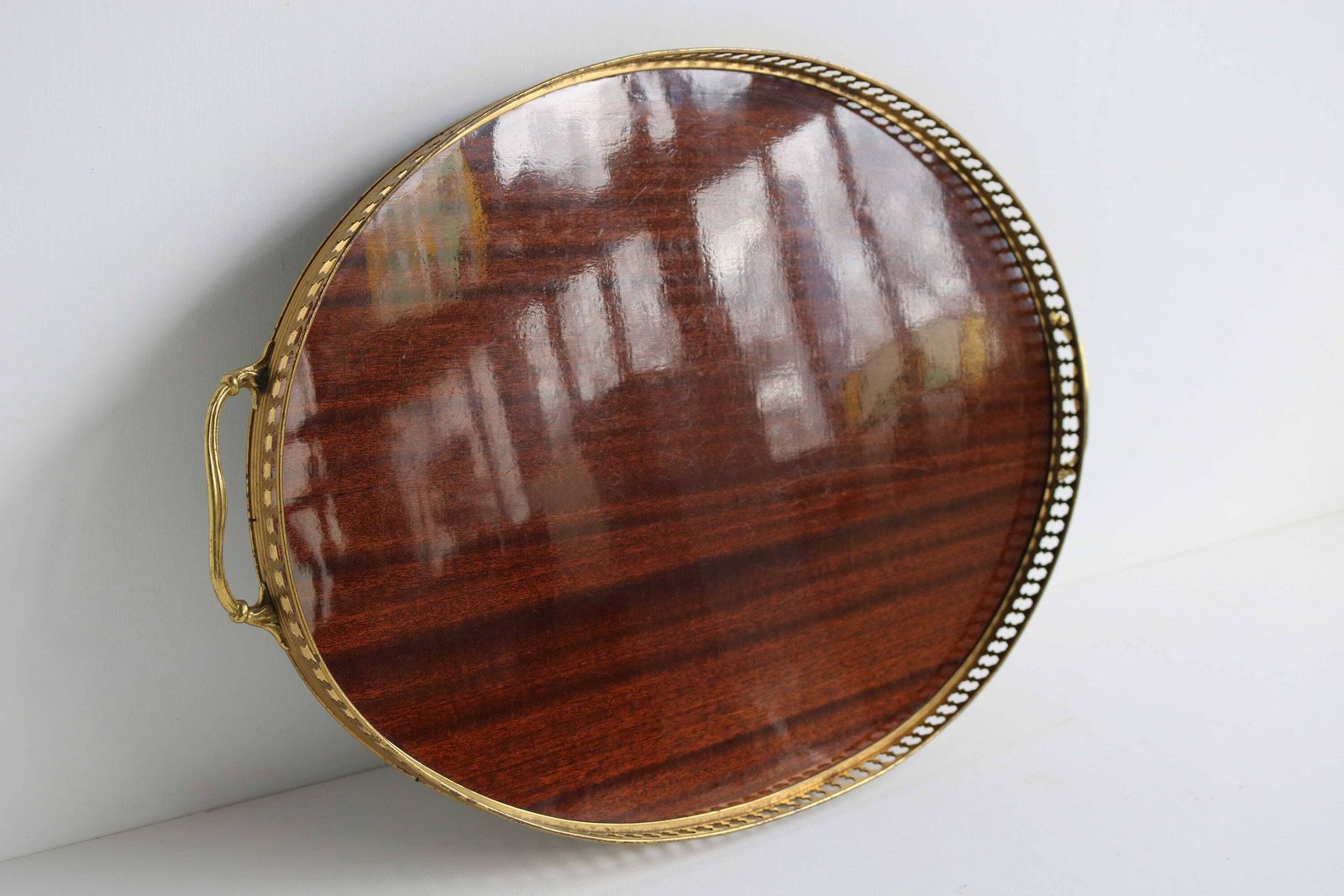 Twin Handle Brass Formica Wood Grain Oval Serving Drinks Tray / Bar Tray Italian Mid 20th Century Modern Style Afternoon Tea Regency Style photo vintage