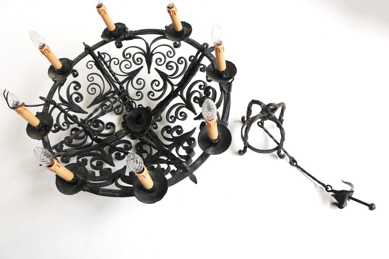 photo for sale Large Wrought Iron Antique Castle Chandelier Arts & Crafts Round Pendant Light Fixture Hands Made Dome Crown Chains Late 19th Century