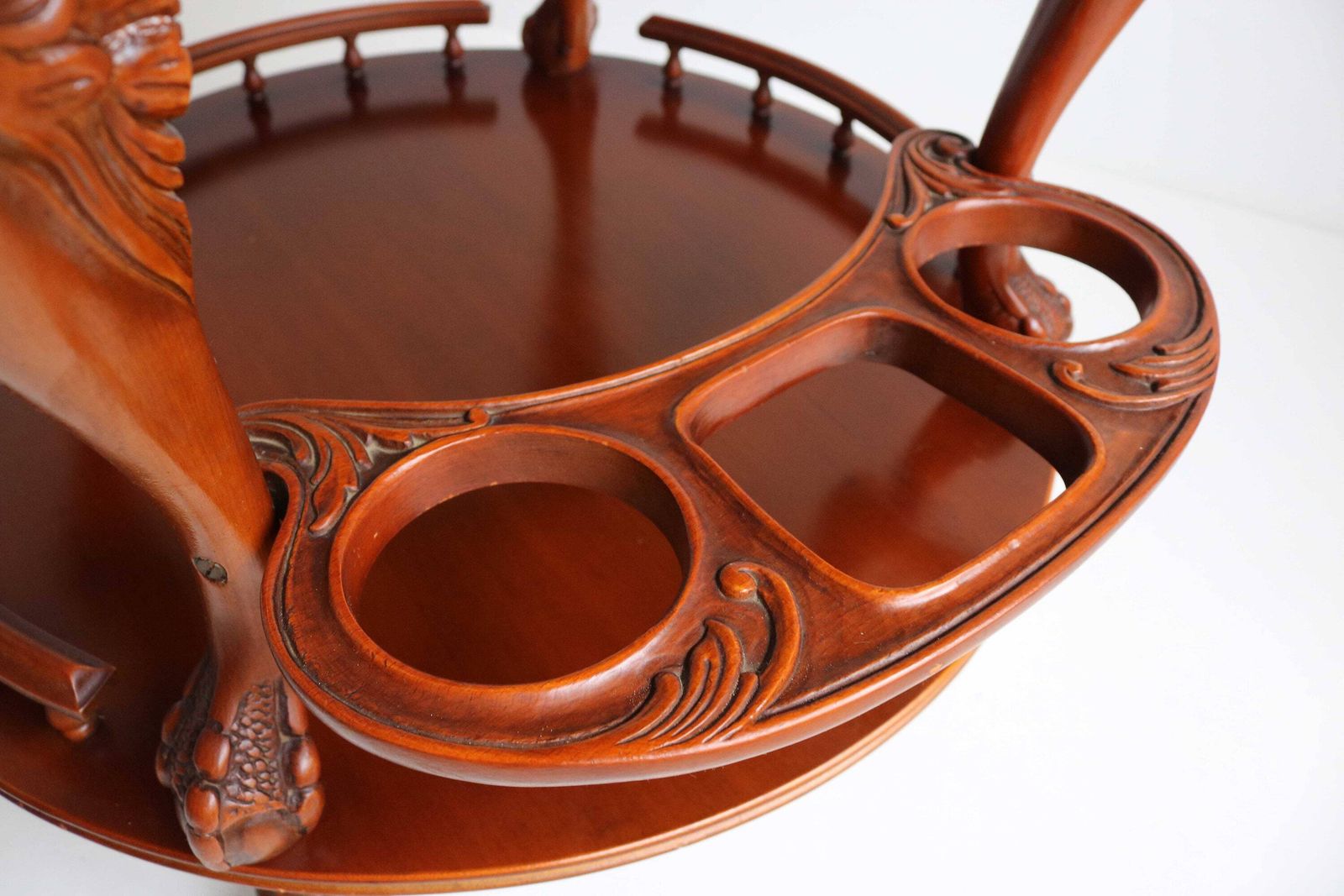Mid Century Round Rolling Bar Or Tea Cart, Swan Sculptures Vintage Wooden Serving Trolley Three Bottle Holder Side Table On Wheels 1960s photo Furniture