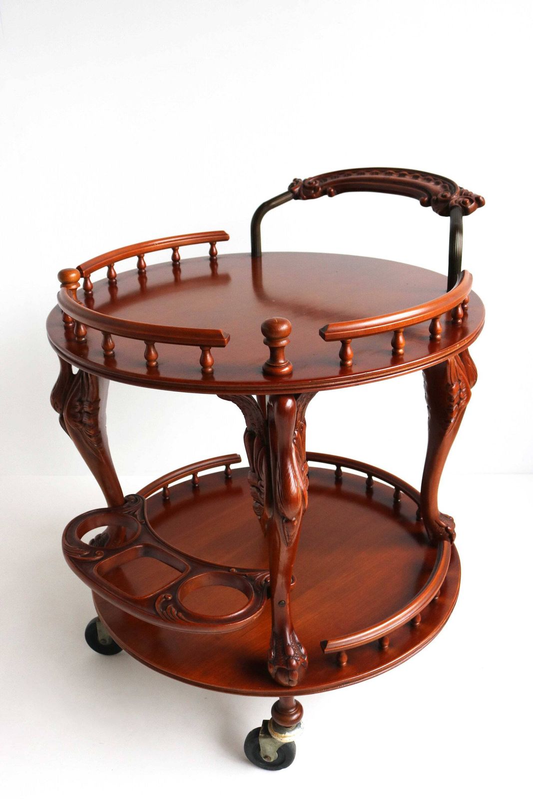 Mid Century Round Rolling Bar Or Tea Cart, Swan Sculptures Vintage Wooden Serving Trolley Three Bottle Holder Side Table On Wheels 1960s photo 1011.0