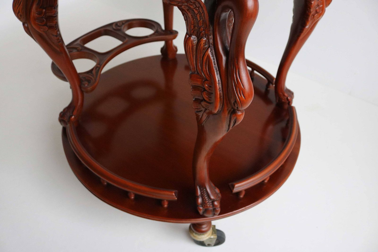 Mid Century Round Rolling Bar Or Tea Cart, Swan Sculptures Vintage Wooden Serving Trolley Three Bottle Holder Side Table On Wheels 1960s photo vintage