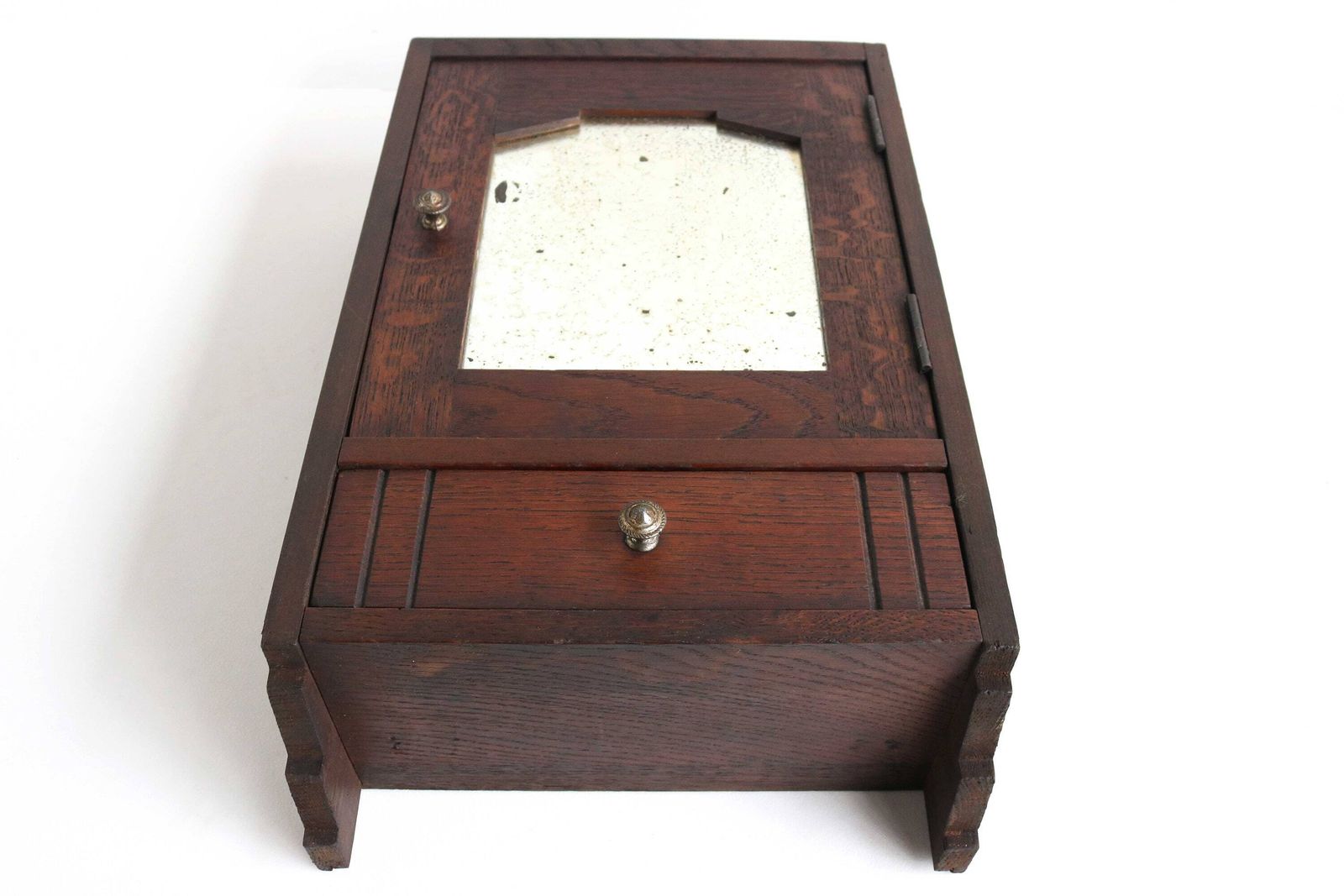Art Deco Vintage Houten Medicijnkastje Badkamerkastje Apothekerskastje Met Gebruikssporen Spiegel Lade Klein Wandkastje Keukenkastje Sleutelkastje Houtgesneden photo vintage