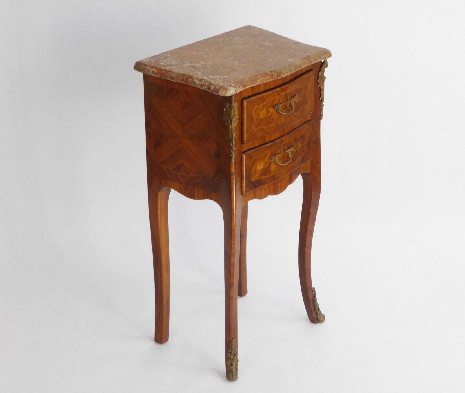 Antique Louis XV Style Side Table With Brown Marble Top, Small Chest With Brass Details, Wonderful Wooden Nightstand With Marquetry Details photo for sale