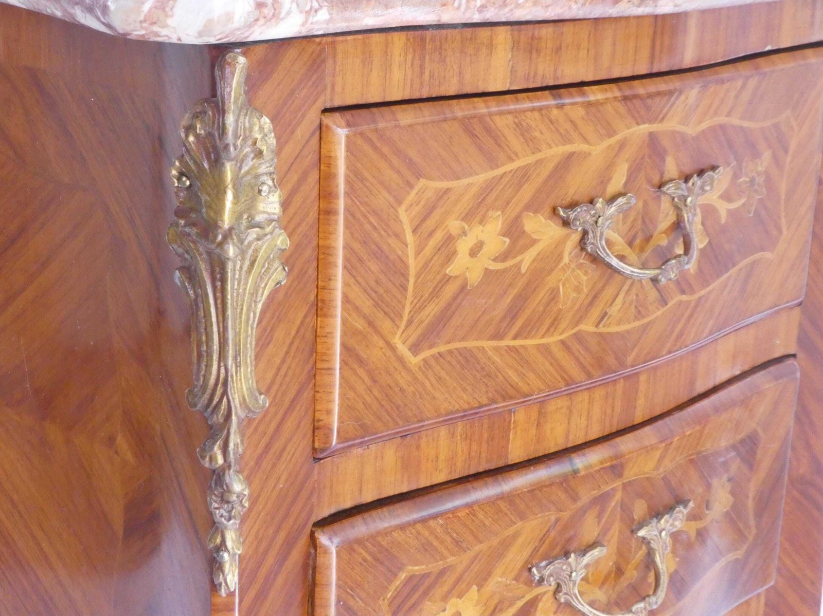 Antique Louis XV Style Side Table With Brown Marble Top, Small Chest With Brass Details, Wonderful Wooden Nightstand With Marquetry Details photo 535.0