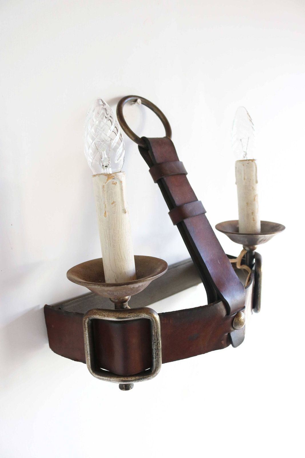 Jacques Adnet Style Leather And Wrought Iron Wall Sconce 1950s Mid Century Design French Brutalist Rustic Industrial Statement Piece photo 885.0
