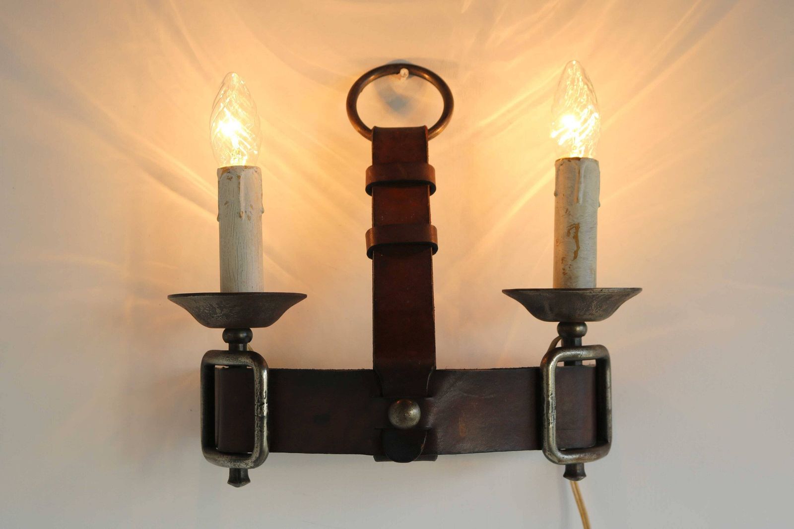 Jacques Adnet Style Leather And Wrought Iron Wall Sconce 1950s Mid Century Design French Brutalist Rustic Industrial Statement Piece photo vinterior