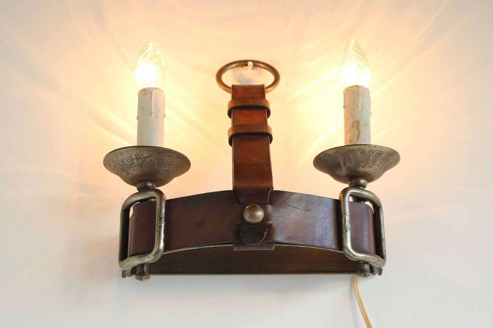 Jacques Adnet Style Leather And Wrought Iron Wall Sconce 1950s Mid Century Design French Brutalist Rustic Industrial Statement Piece photo vintage