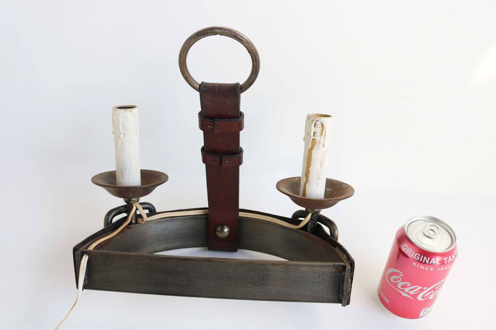 photo for sale Jacques Adnet Style Leather And Wrought Iron Wall Sconce 1950s Mid Century Design French Brutalist Rustic Industrial Statement Piece