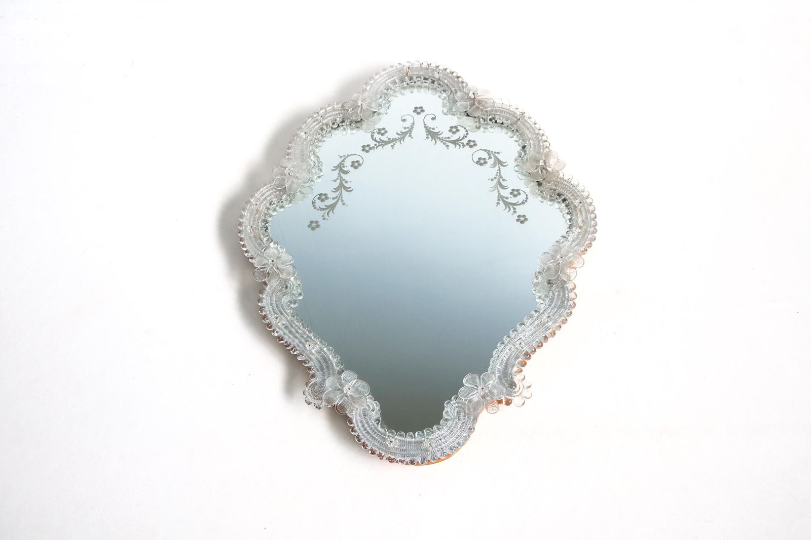 Italian Venetian Murano Glass Mirror Engraved Hand Crafted Hand Blown Flowers Mid Century 1950s