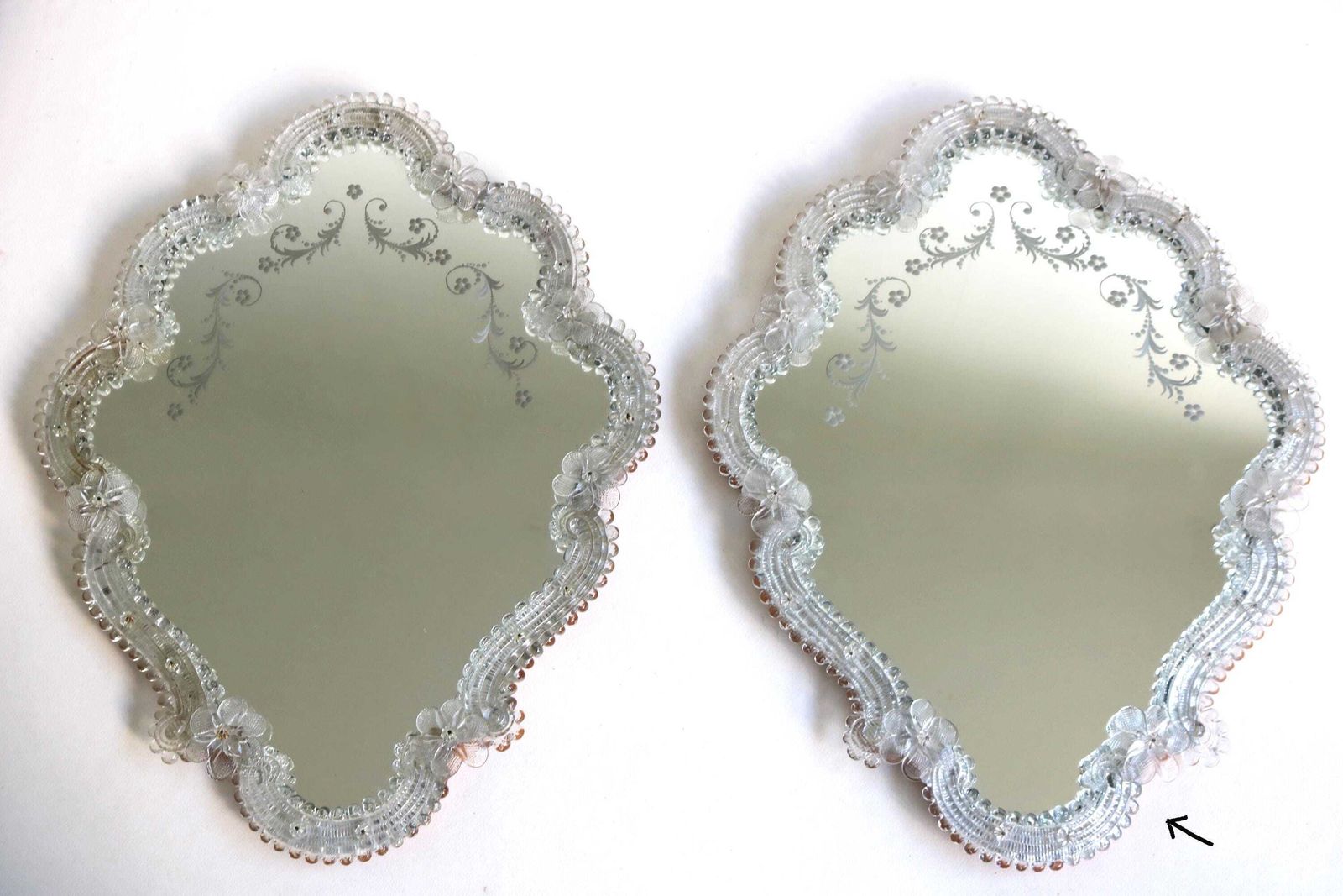 photo for sale Italian Venetian Murano Glass Mirror Engraved Hand Crafted Hand Blown Flowers Mid Century 1950s