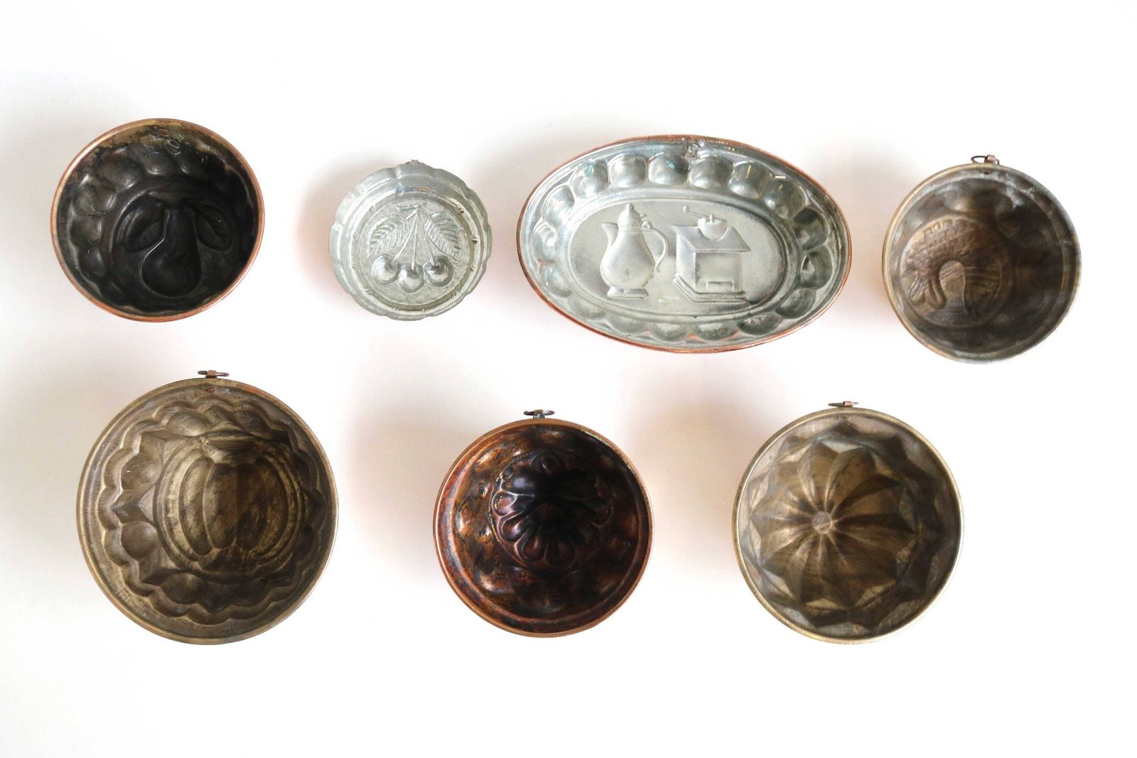 Seven Magnificent Pieces Cake Jelly Pudding Chocolate Molds French 19th Century Country Kitchen Copper Ware Wall Hanging Decor Farmhouse photo buy