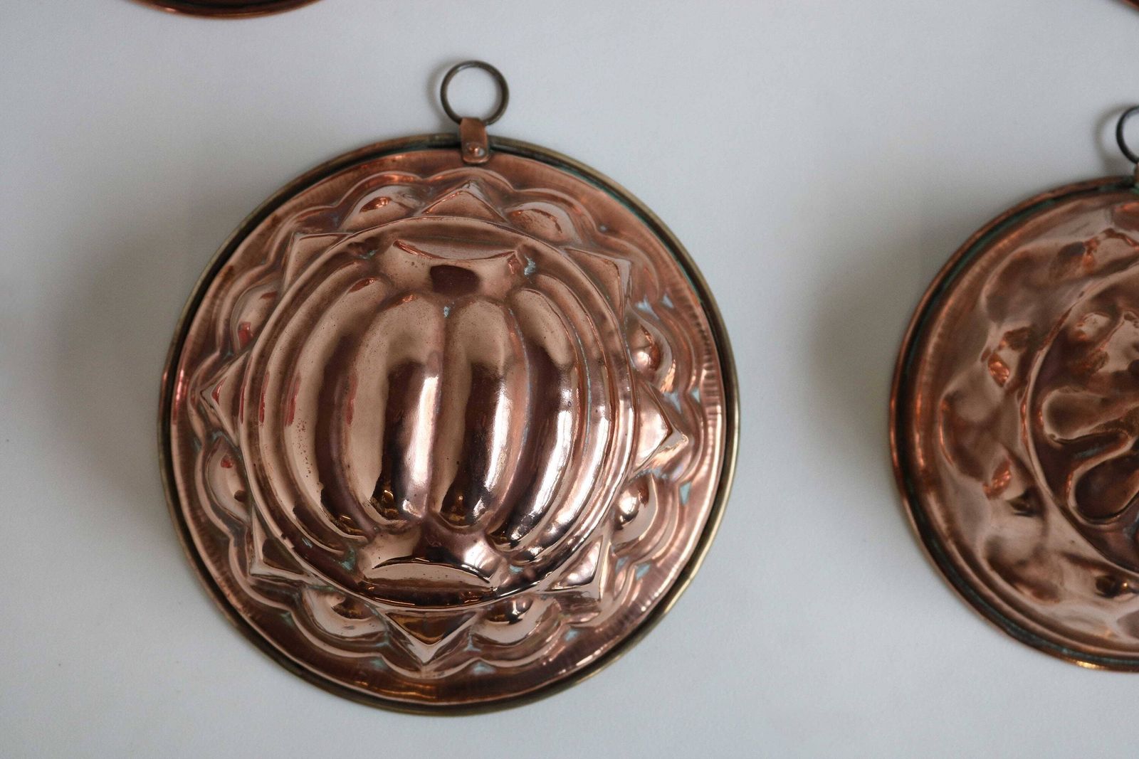 photo furniture Seven Magnificent Pieces Cake Jelly Pudding Chocolate Molds French 19th Century Country Kitchen Copper Ware Wall Hanging Decor Farmhouse