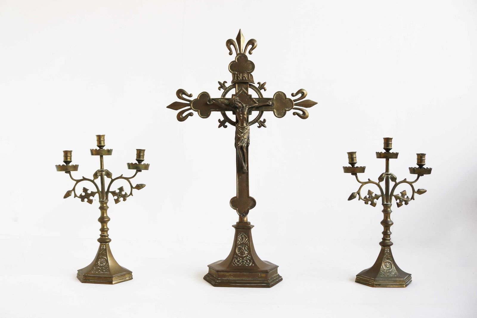 Antique French Church Altar Set – Brass Crucifix & Candelabras – Three Piece Religious Decor  Fleur De Lis 1900s photo vintage