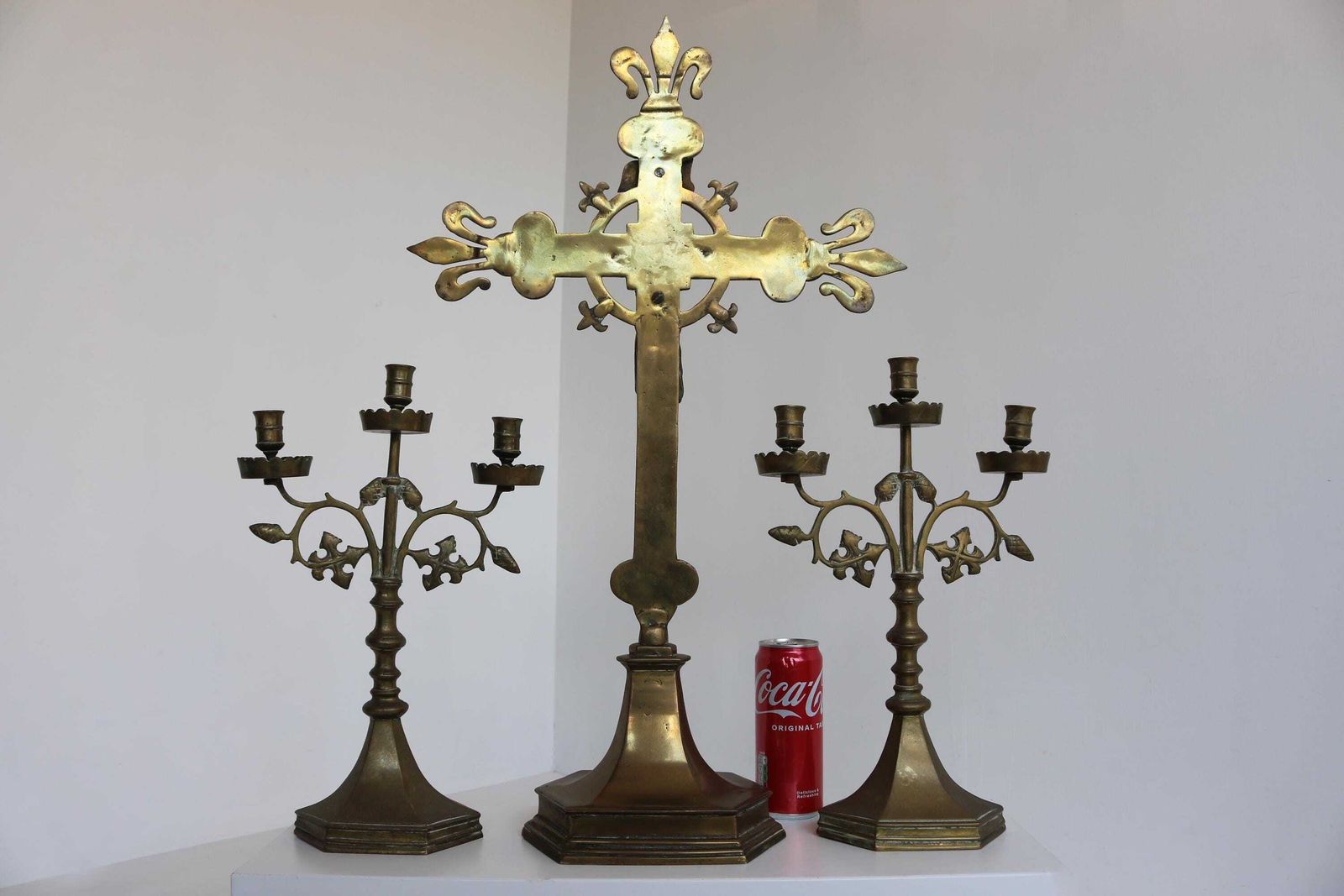 photo for sale Antique French Church Altar Set – Brass Crucifix & Candelabras – Three Piece Religious Decor  Fleur De Lis 1900s