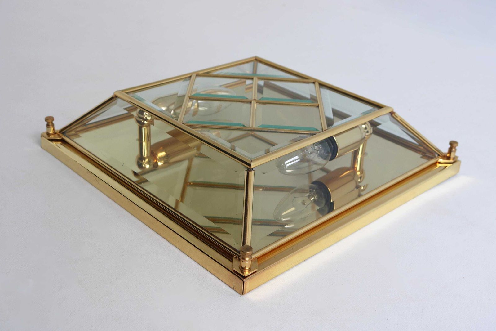 Mid Century Modernist Square Flush Mount Wall Mounted Chandelier Brass And Glass Gold Plated Faceted Glass Sconce 1980s photo Lighting