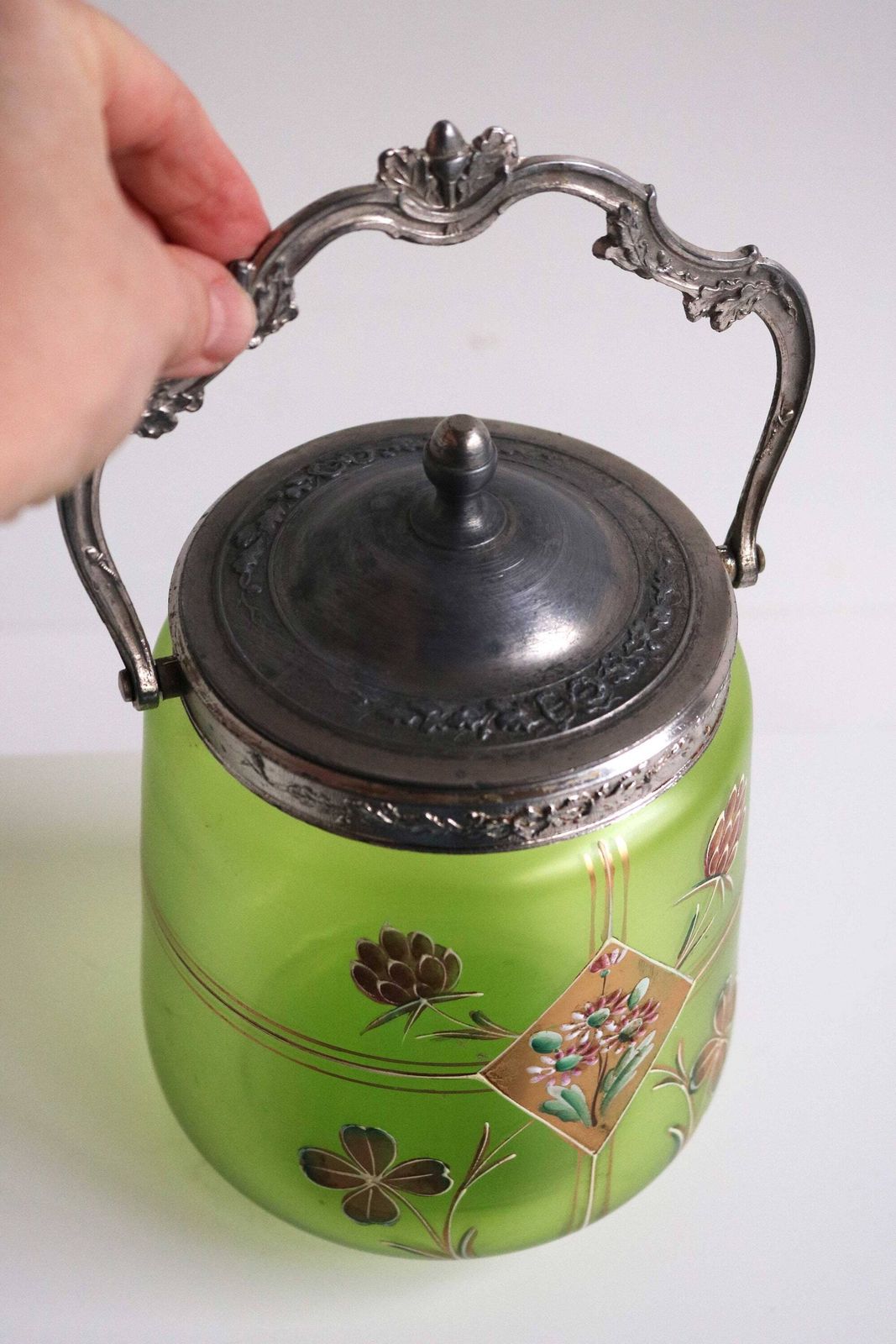 Antique Floral Hand Painted Enameled Green Glass Biscuit Box Art Nouveau Cookie Jar Jugendstil Candy Jar Biscuit Barrel France 1900s photo furniture
