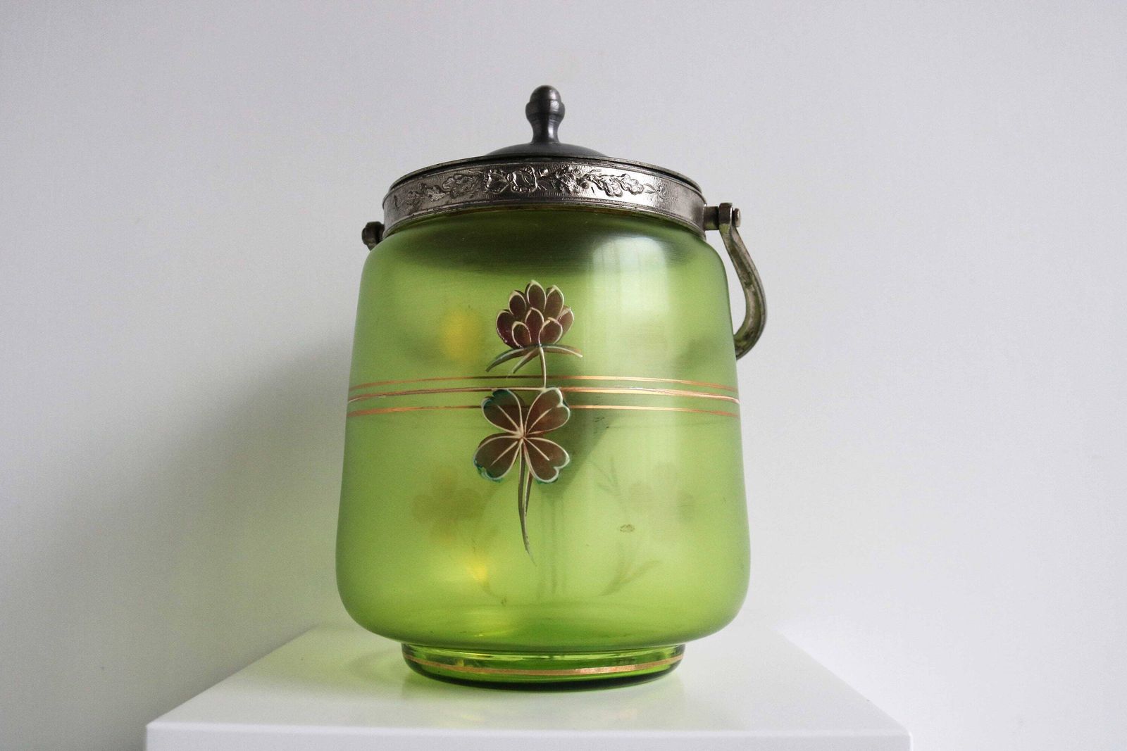 Antique Floral Hand Painted Enameled Green Glass Biscuit Box Art Nouveau Cookie Jar Jugendstil Candy Jar Biscuit Barrel France 1900s photo 382.0