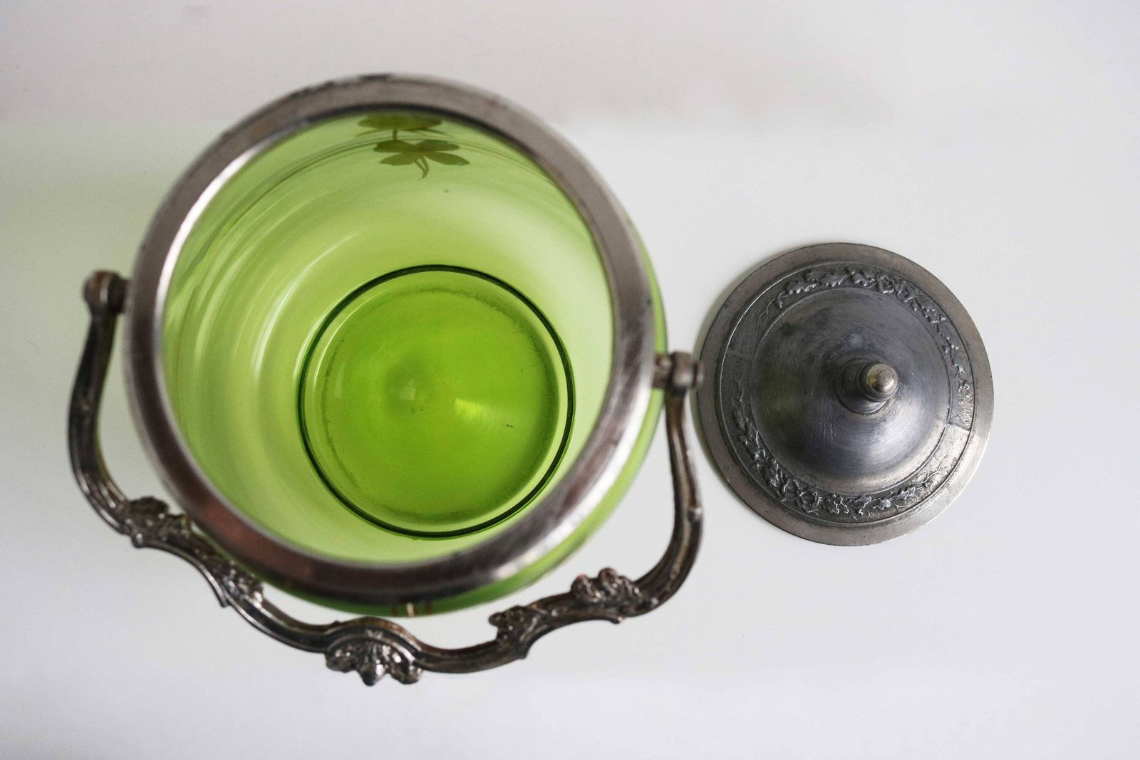 Antique Floral Hand Painted Enameled Green Glass Biscuit Box Art Nouveau Cookie Jar Jugendstil Candy Jar Biscuit Barrel France 1900s photo vintage