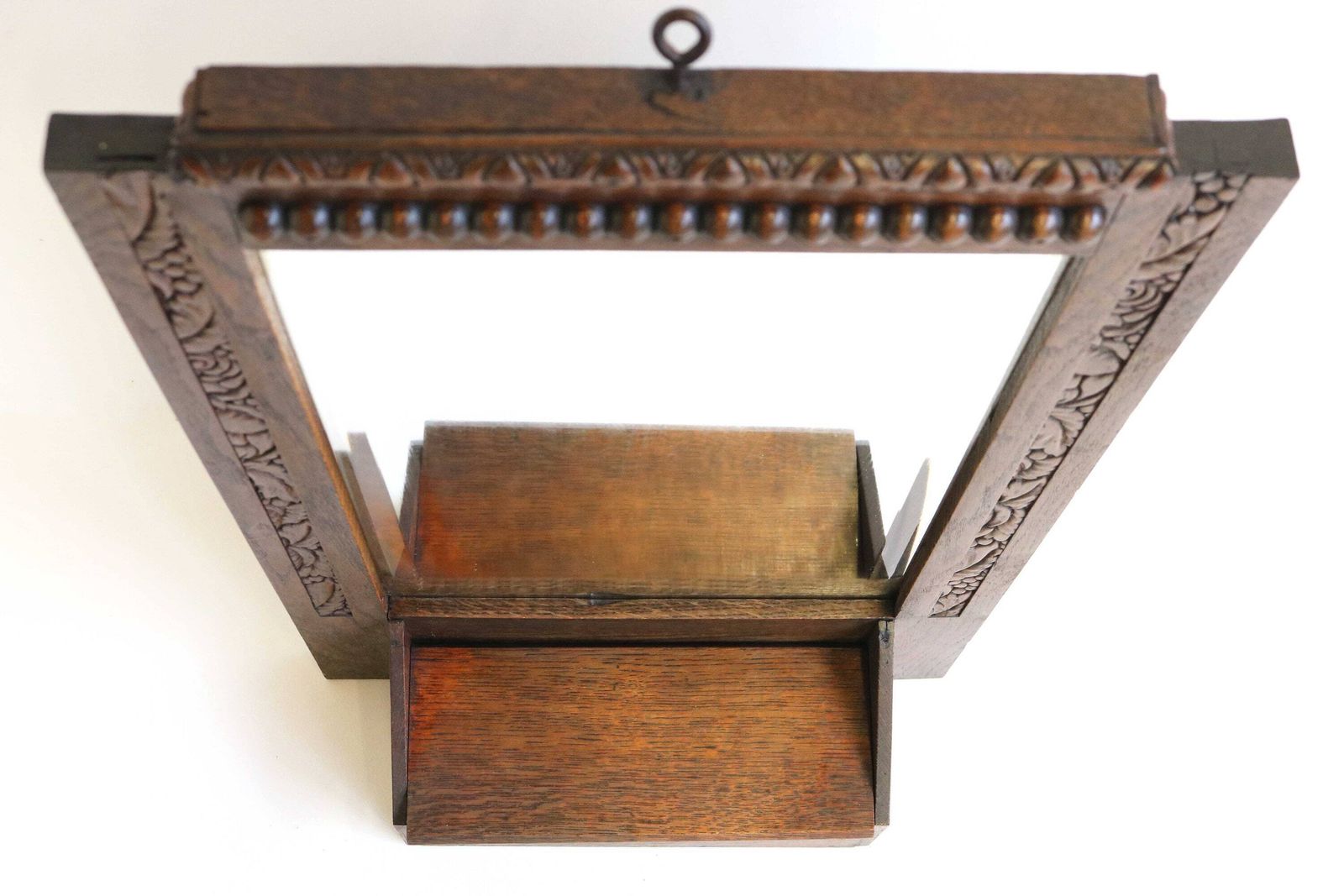 Antique Art Deco Wood Carved Beveled Mirror Bathroom Entryway Hall Cabinet Small Wall Cabinet With Comb Tray 1920/1930 photo vinterior