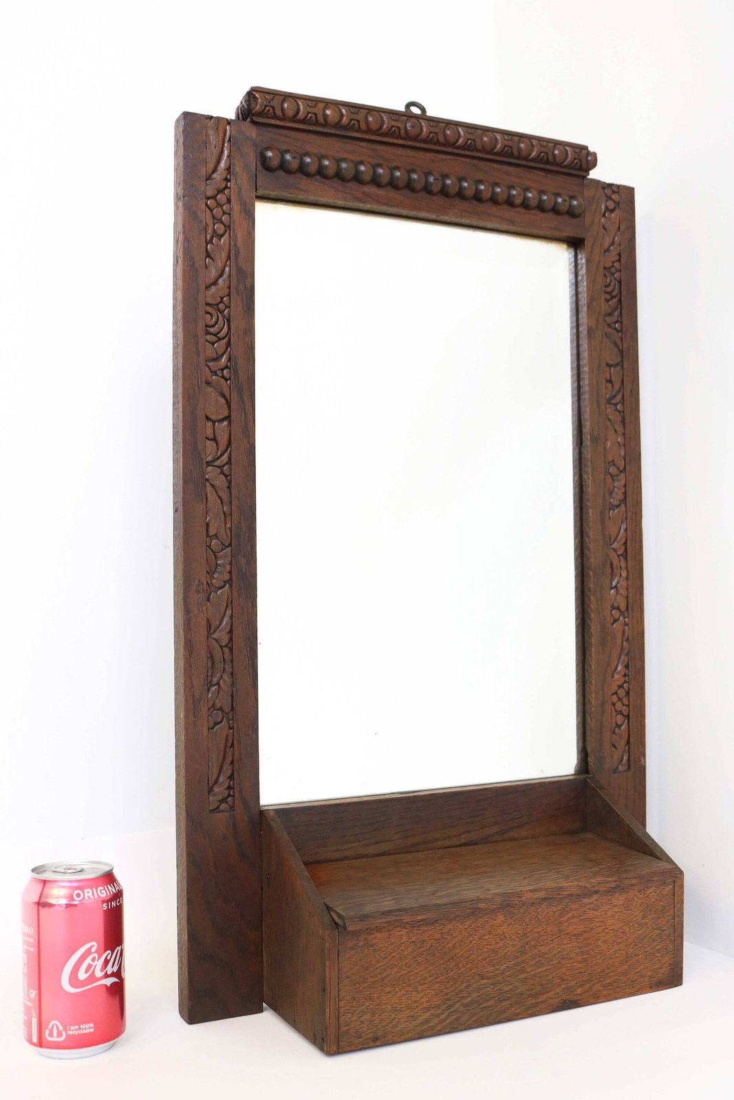 Antiek Art Deco Houten Gesneden Facetspiegel – Badkamer/Entree/Hal Kastje, Klein Wandkastje Met Kammenlade, 1920/1930 photo vintage